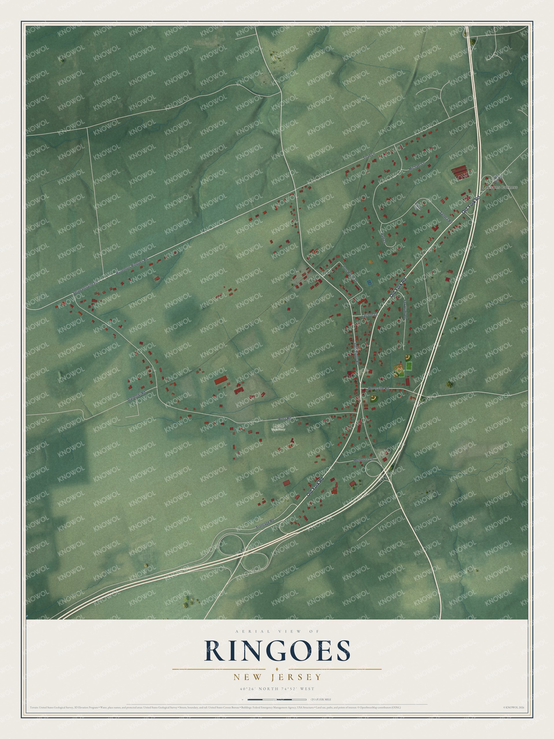 Full map of Ringoes, New Jersey, with red buildings, printed street names and the land around them