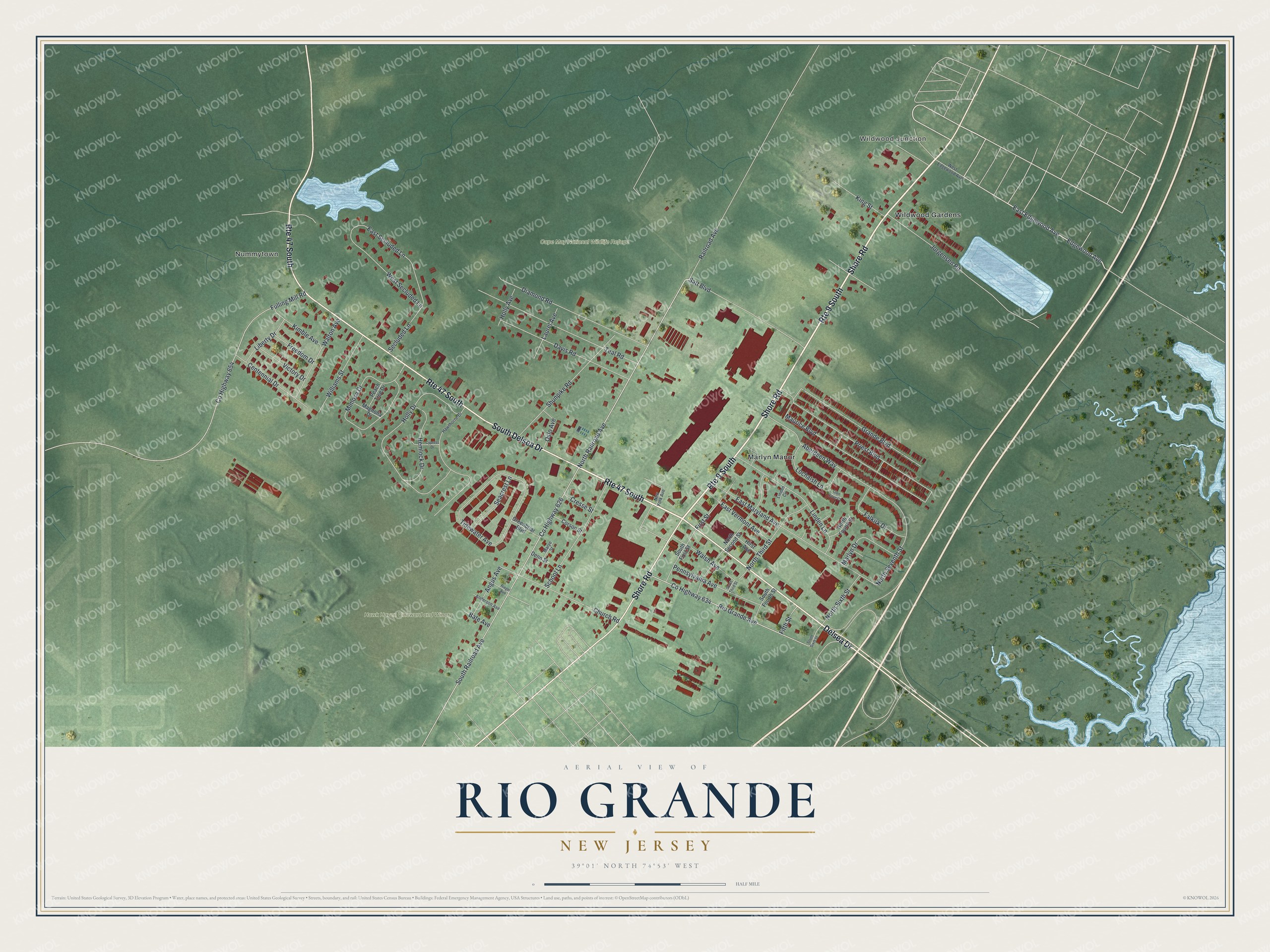 Full map of Rio Grande, New Jersey, with red buildings, printed street names and the land around them