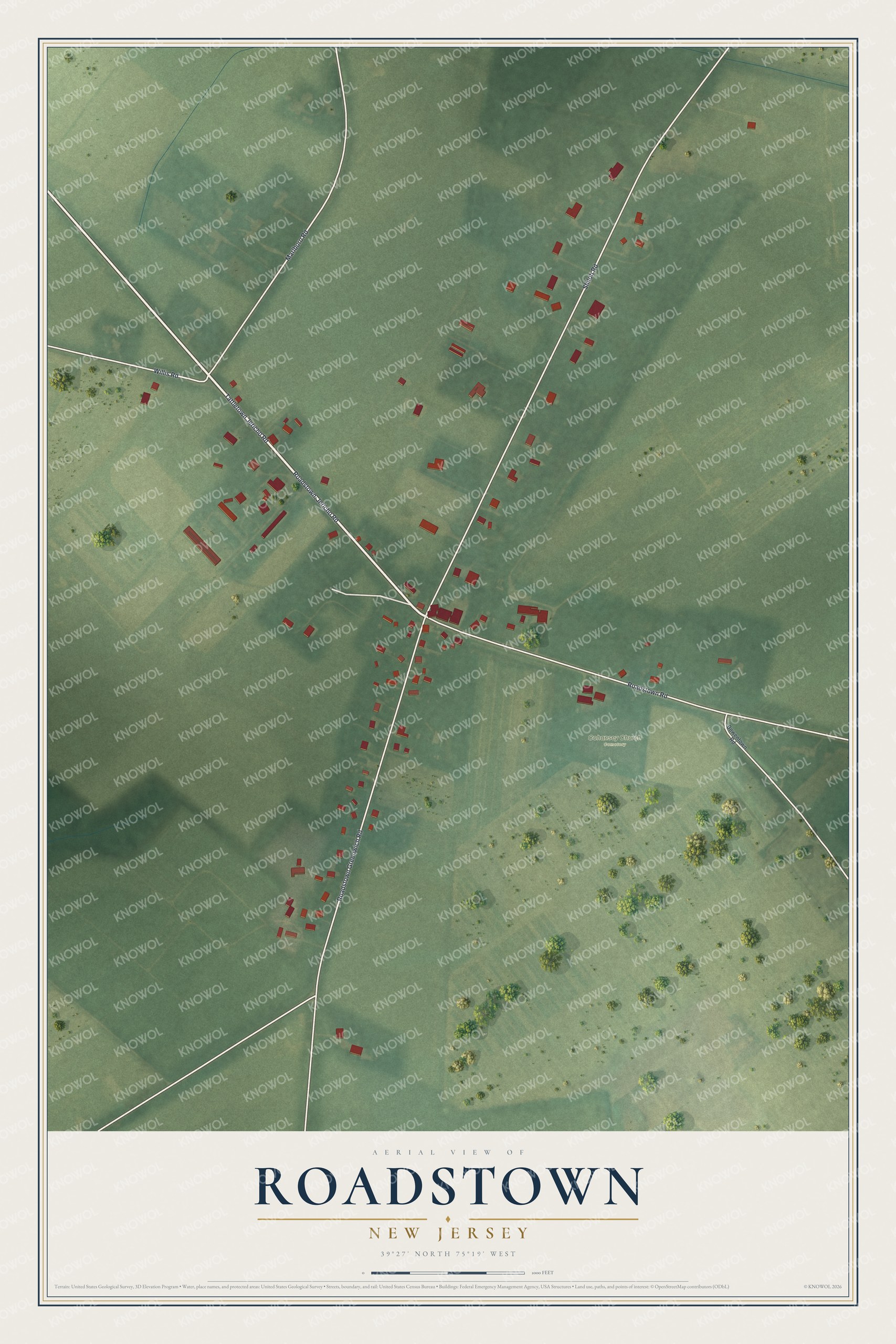 Full map of Roadstown, New Jersey, with red buildings, printed street names and the land around them
