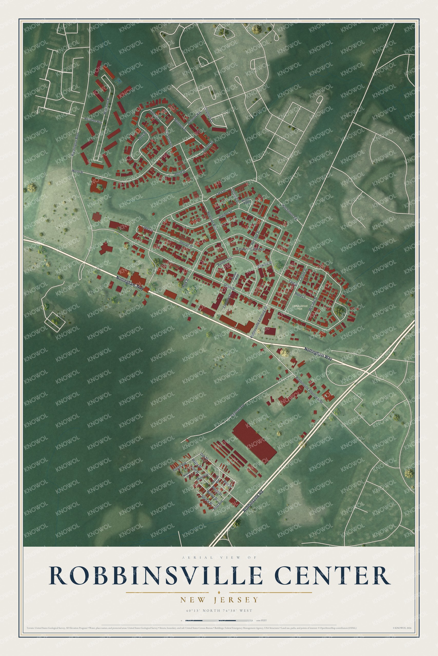 Full map of Robbinsville Center, New Jersey, with red buildings, printed street names and the land around them