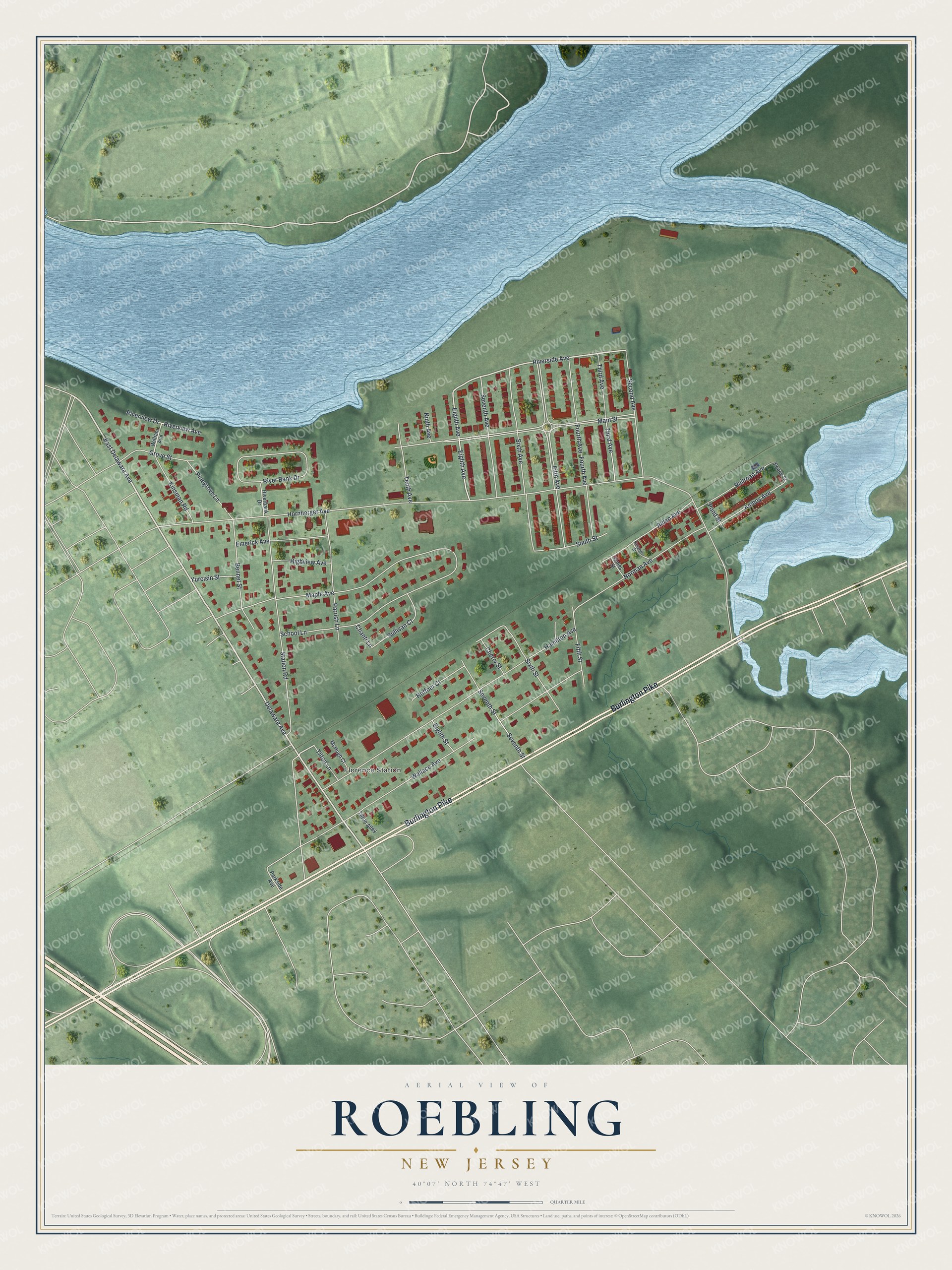 Full map of Roebling, New Jersey, with red buildings, printed street names and the land around them