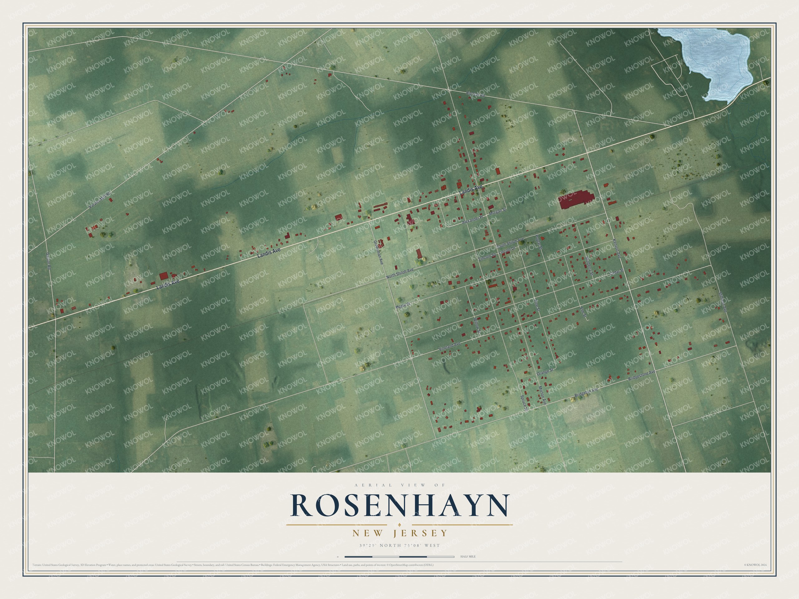 Full map of Rosenhayn, New Jersey, with red buildings, printed street names and the land around them