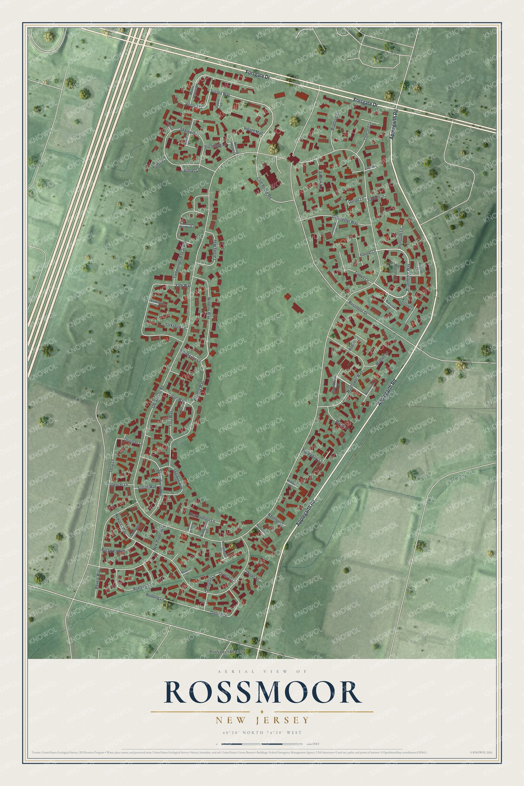 Full map of Rossmoor, New Jersey, with red buildings, printed street names and the land around them