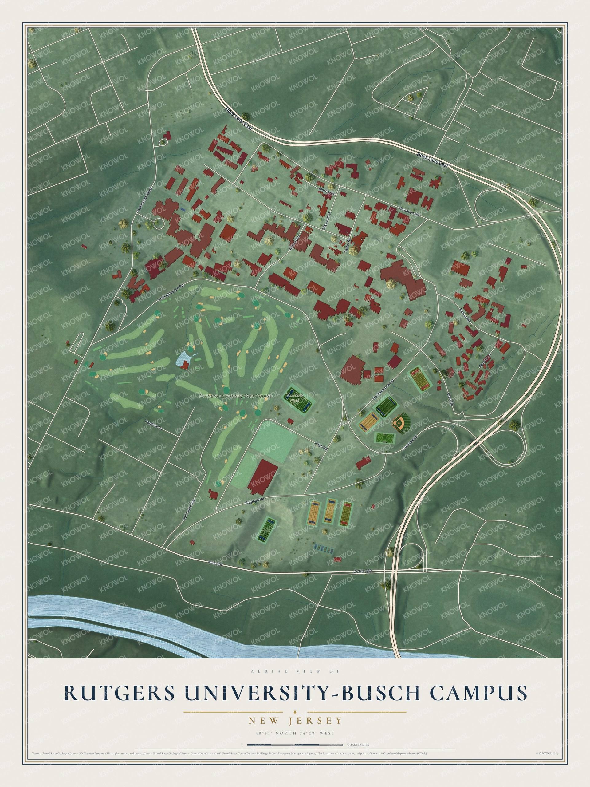 Full map of Rutgers University-Busch Campus, New Jersey, with red buildings, printed street names and the land around them