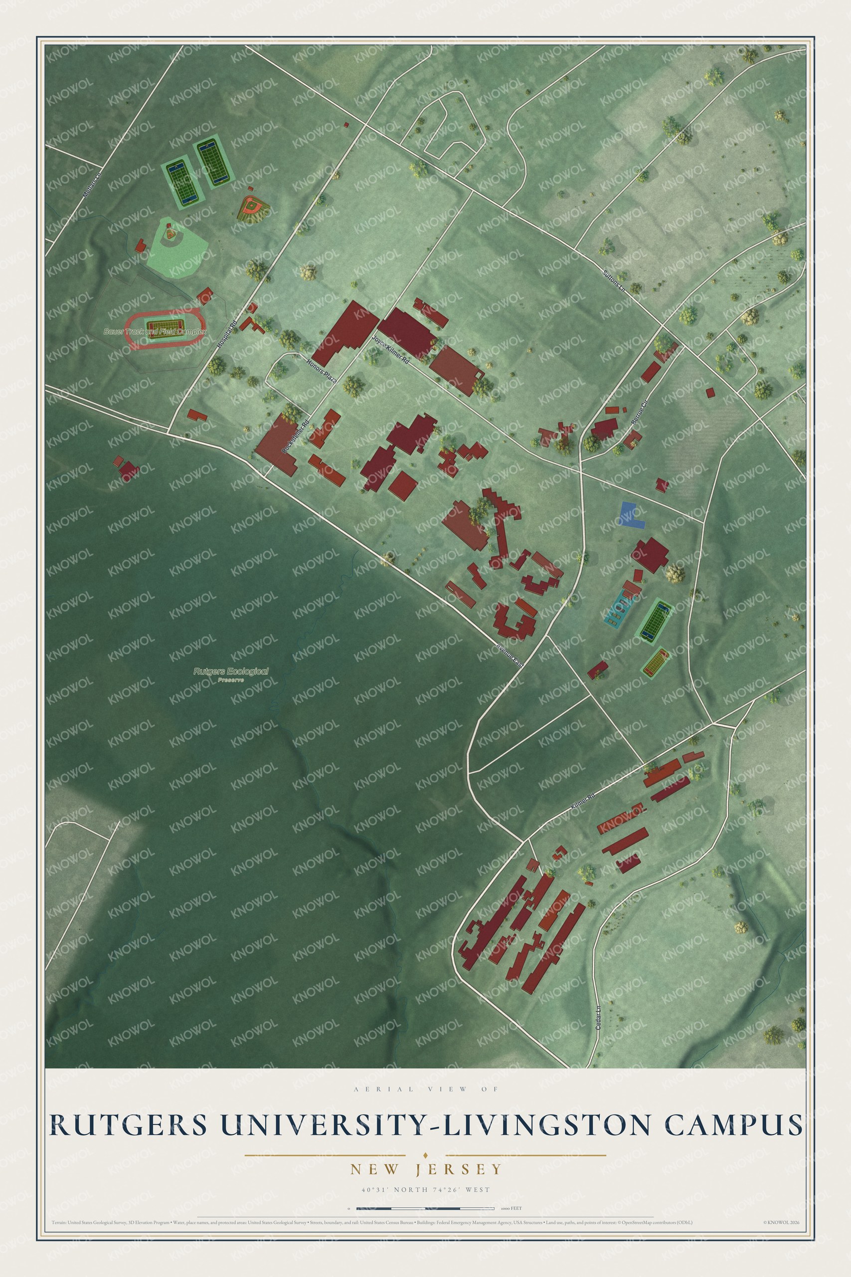 Full map of Rutgers University-Livingston Campus, New Jersey, with red buildings, printed street names and the land around them