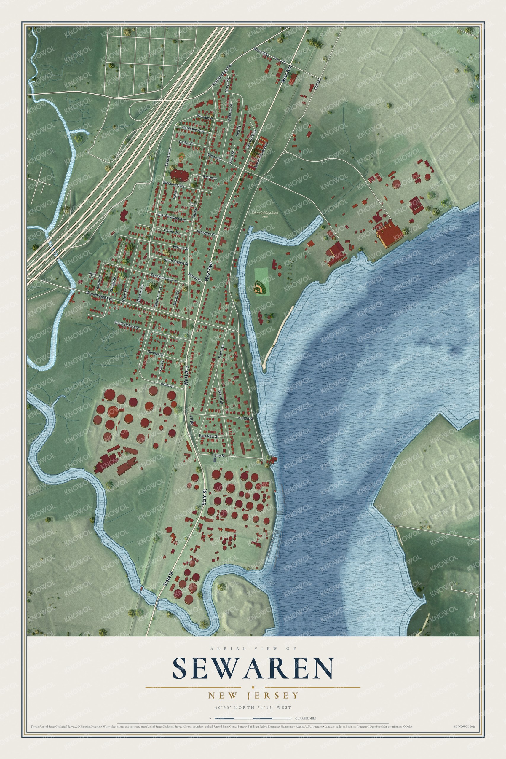 Full map of Sewaren, New Jersey, with red buildings, printed street names and the land around them