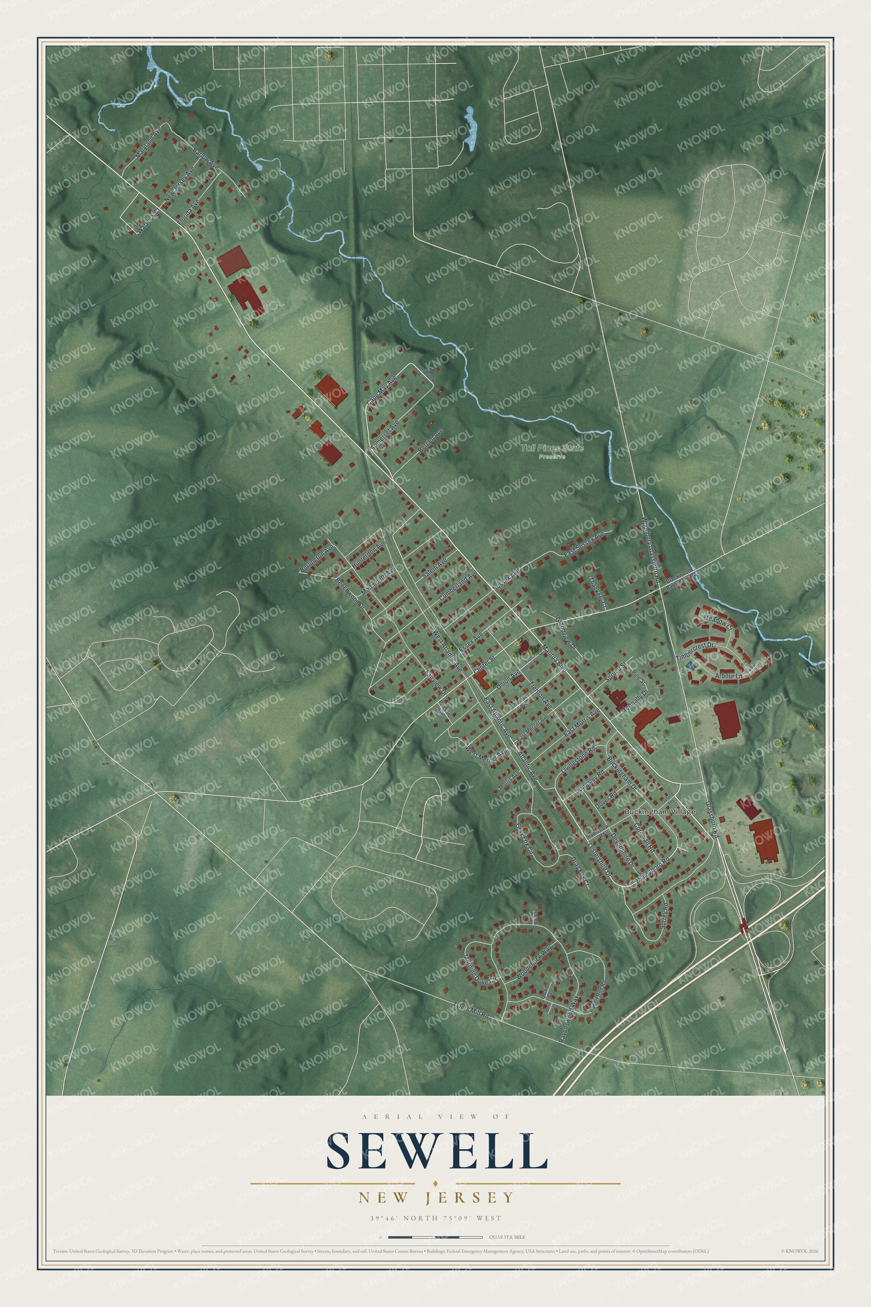 Full map of Sewell, New Jersey, with red buildings, printed street names and the land around them
