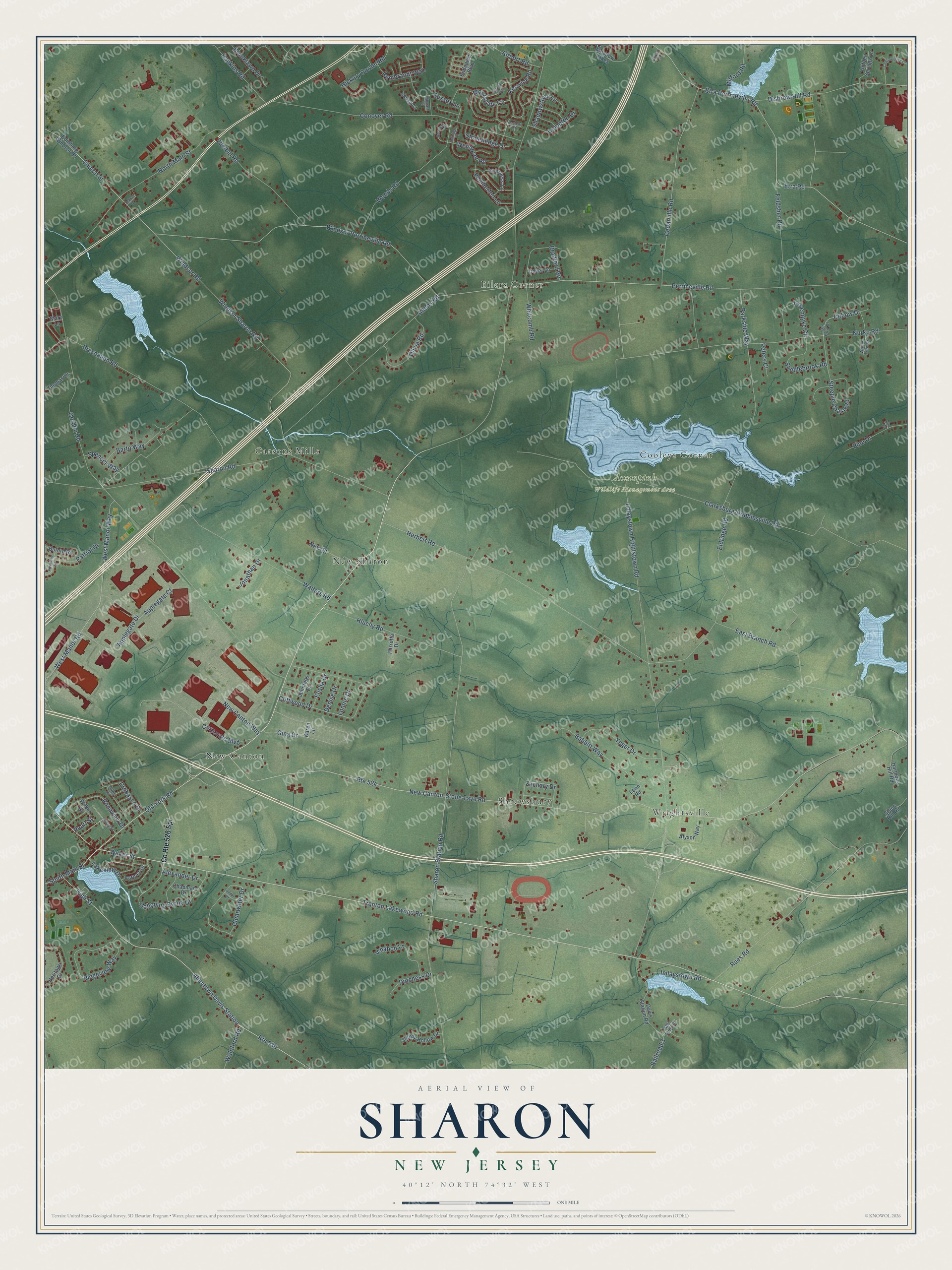 Full map of Sharon, New Jersey, with red buildings, printed street names and the land around them