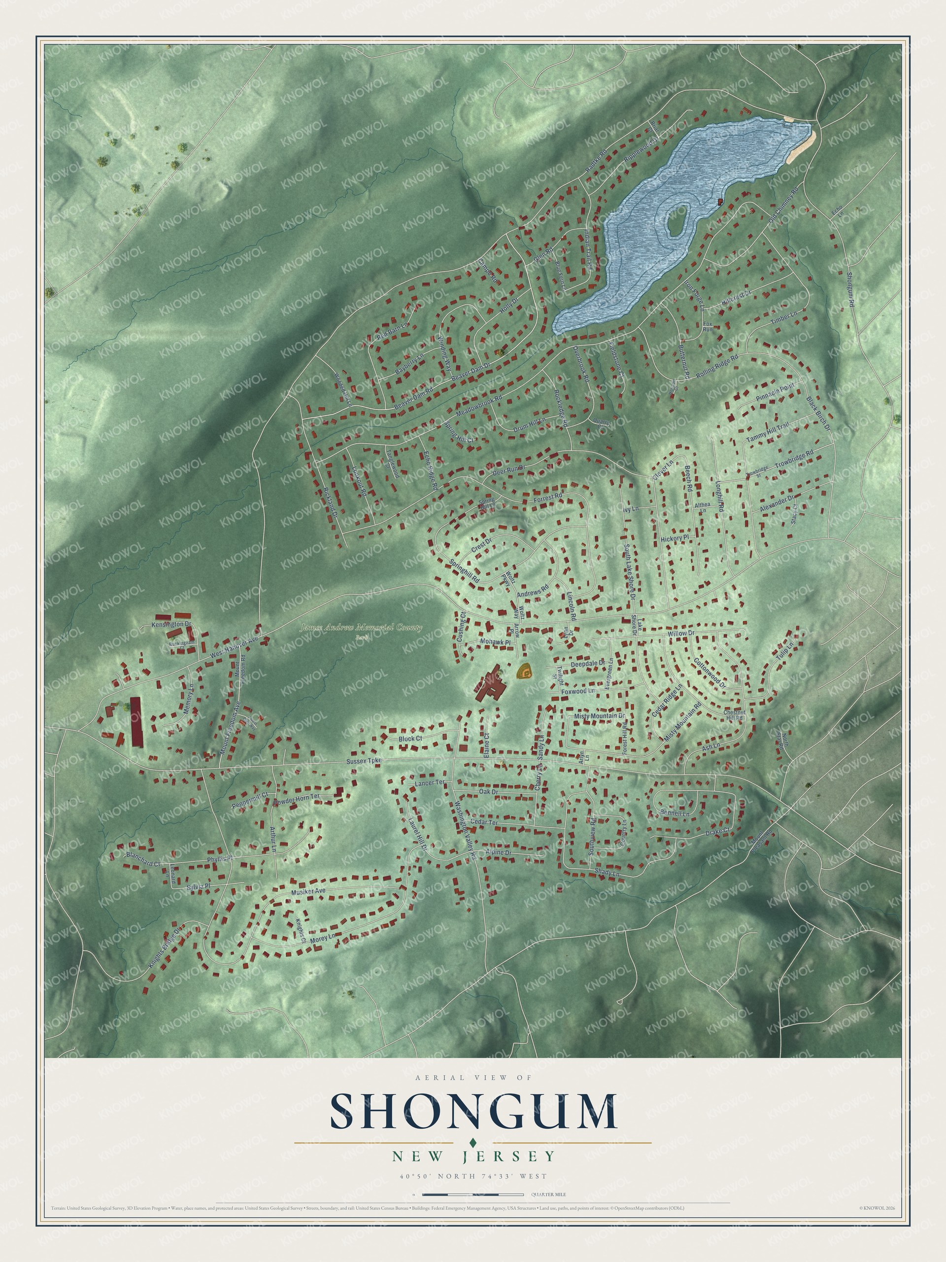 Full map of Shongum, New Jersey, with red buildings, printed street names and the land around them