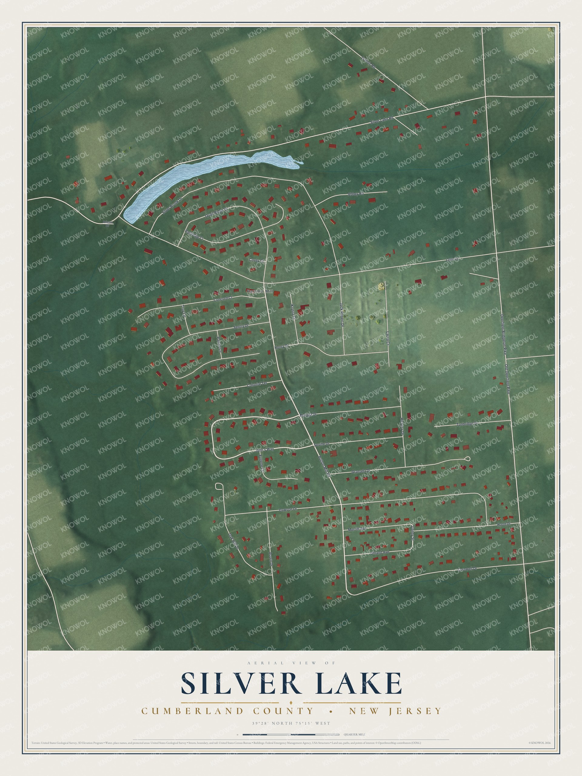 Full map of Silver Lake, New Jersey, with red buildings, printed street names and the land around them
