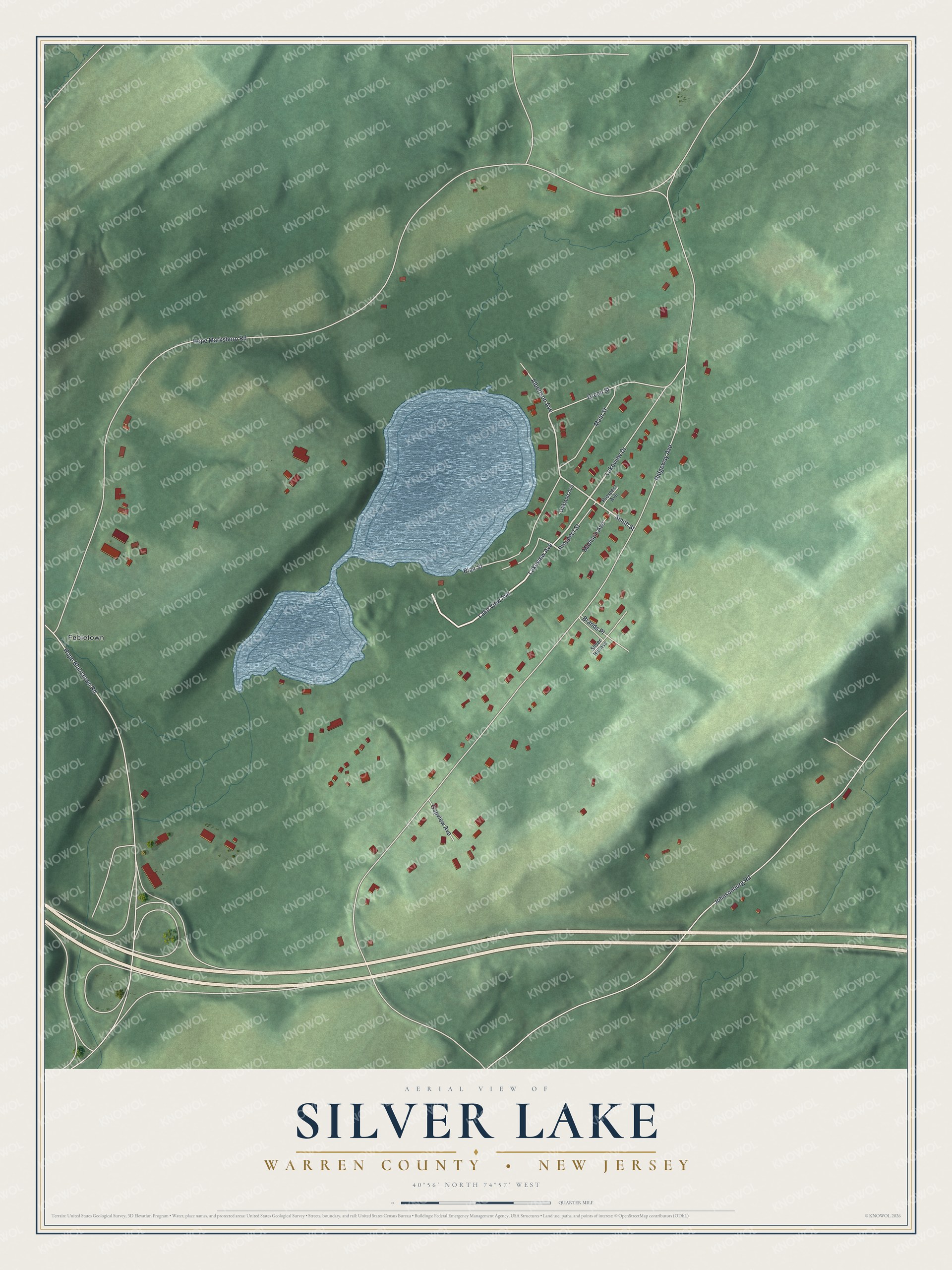 Full map of Silver Lake, New Jersey, with red buildings, printed street names and the land around them