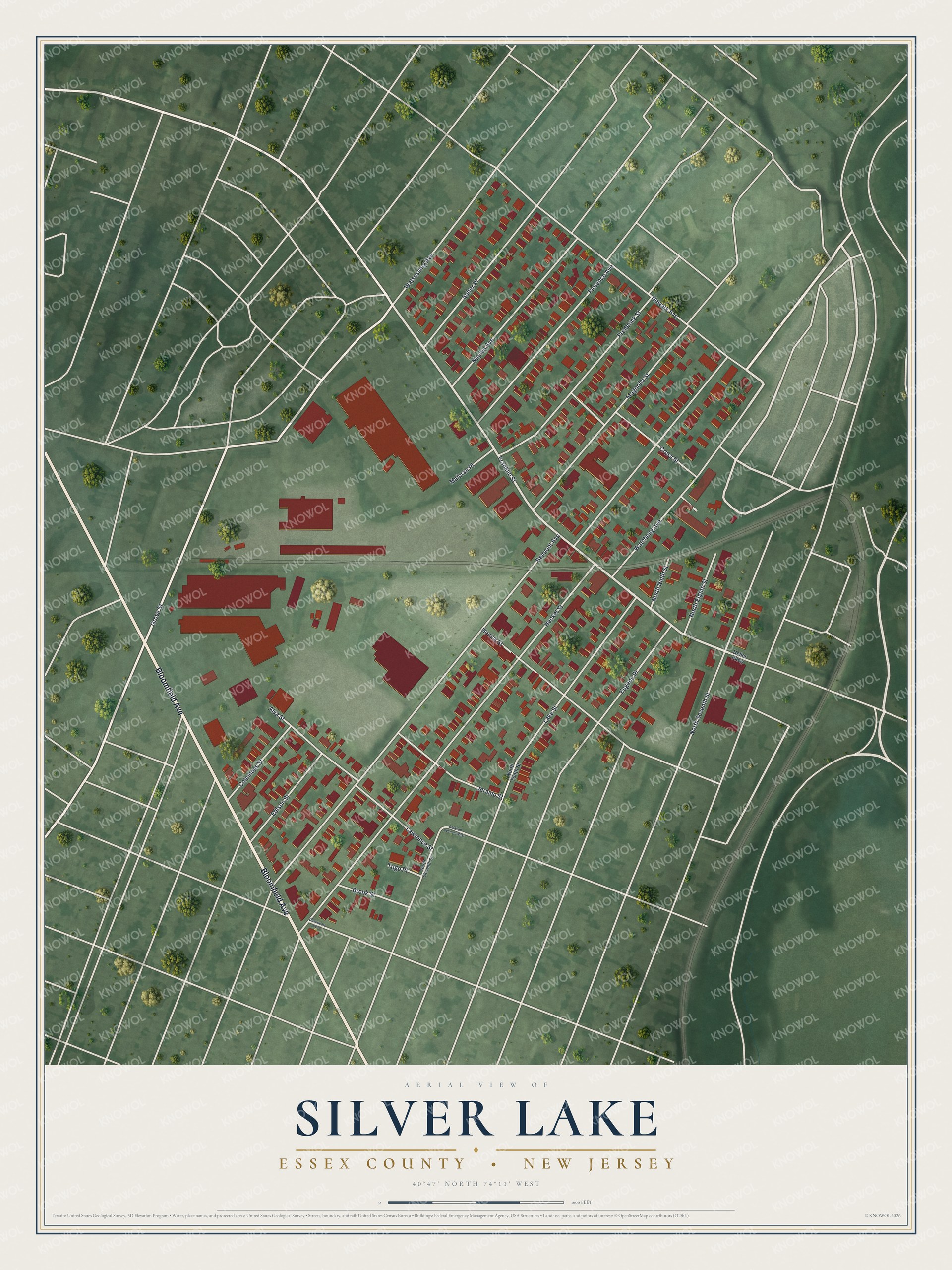 Full map of Silver Lake, New Jersey, with red buildings, printed street names and the land around them