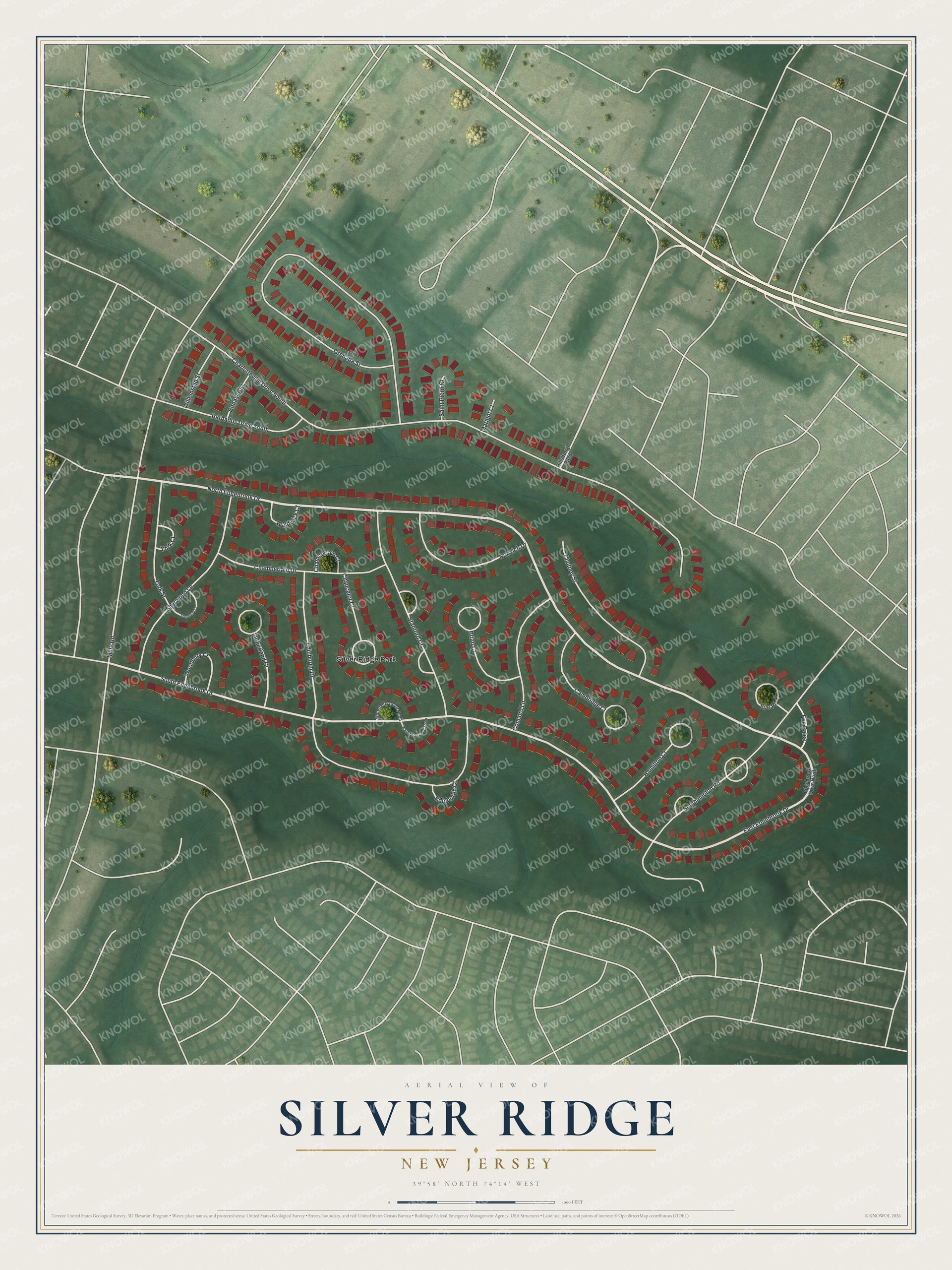 Full map of Silver Ridge, New Jersey, with red buildings, printed street names and the land around them