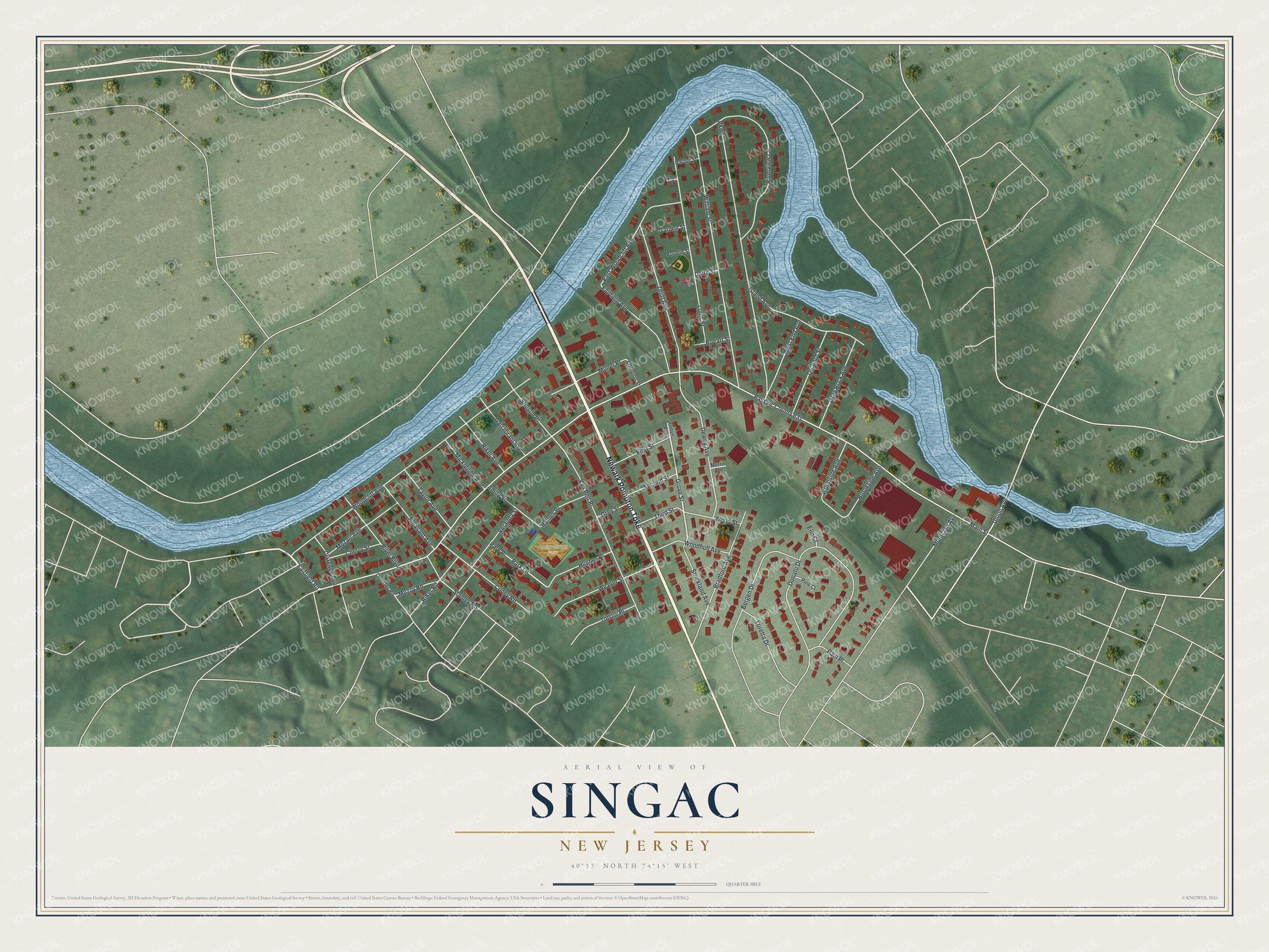 Full map of Singac, New Jersey, with red buildings, printed street names and the land around them