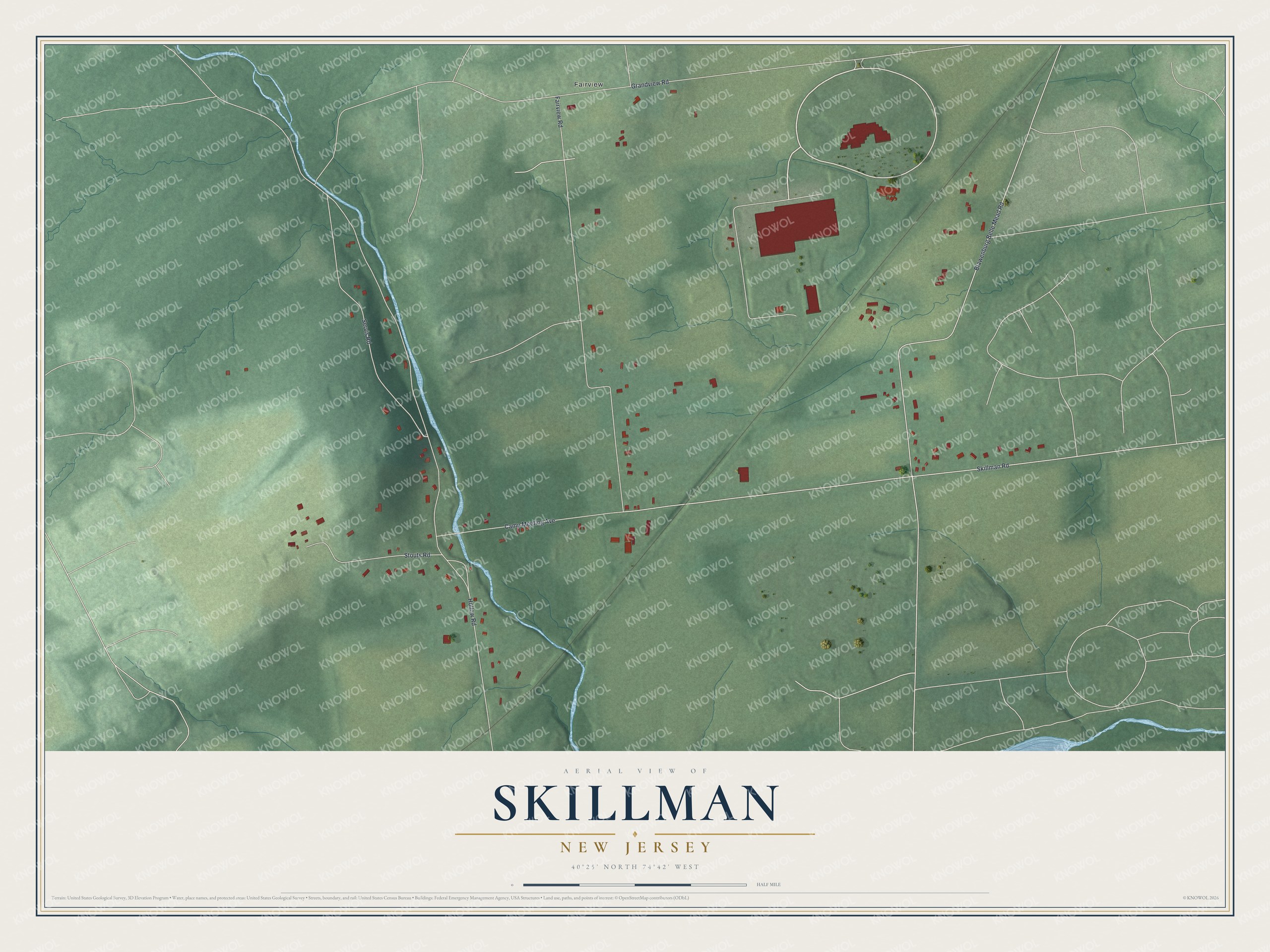 Full map of Skillman, New Jersey, with red buildings, printed street names and the land around them