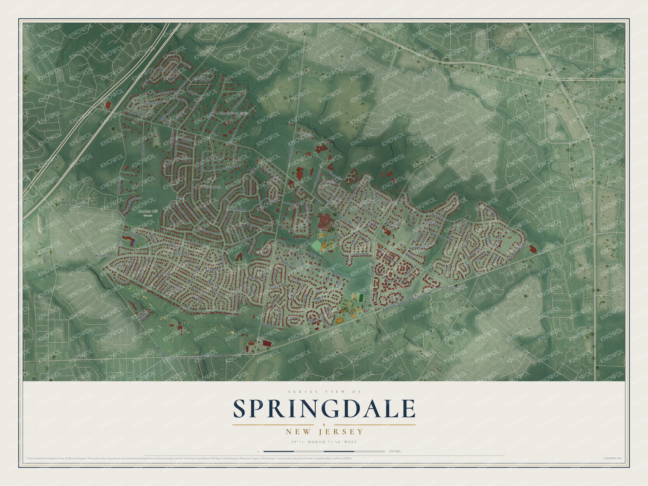 Full map of Springdale, New Jersey, with red buildings, printed street names and the land around them