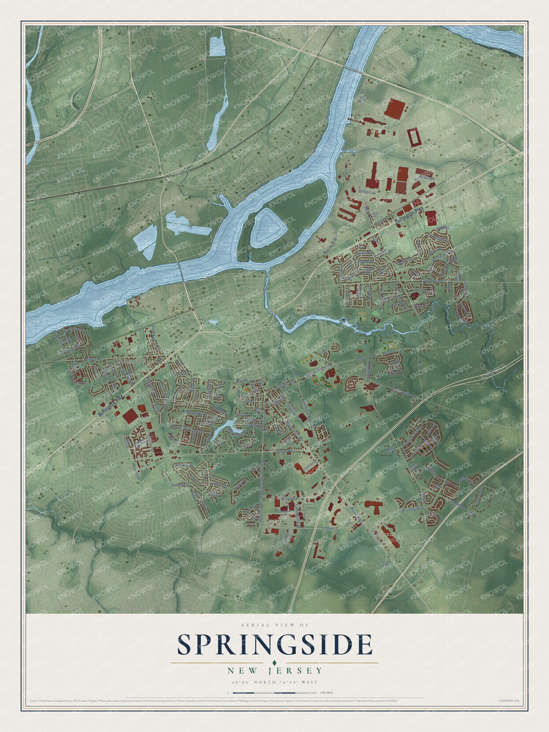 Full map of Springside, New Jersey, with red buildings, printed street names and the land around them