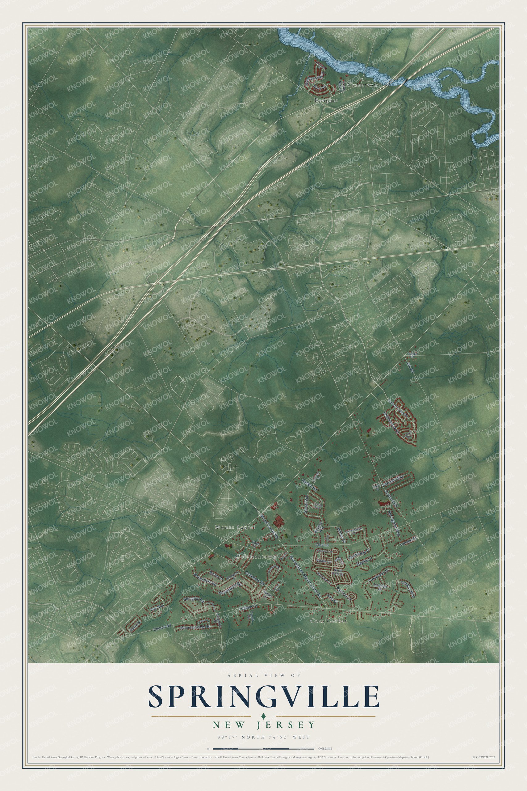Full map of Springville, New Jersey, with red buildings, printed street names and the land around them