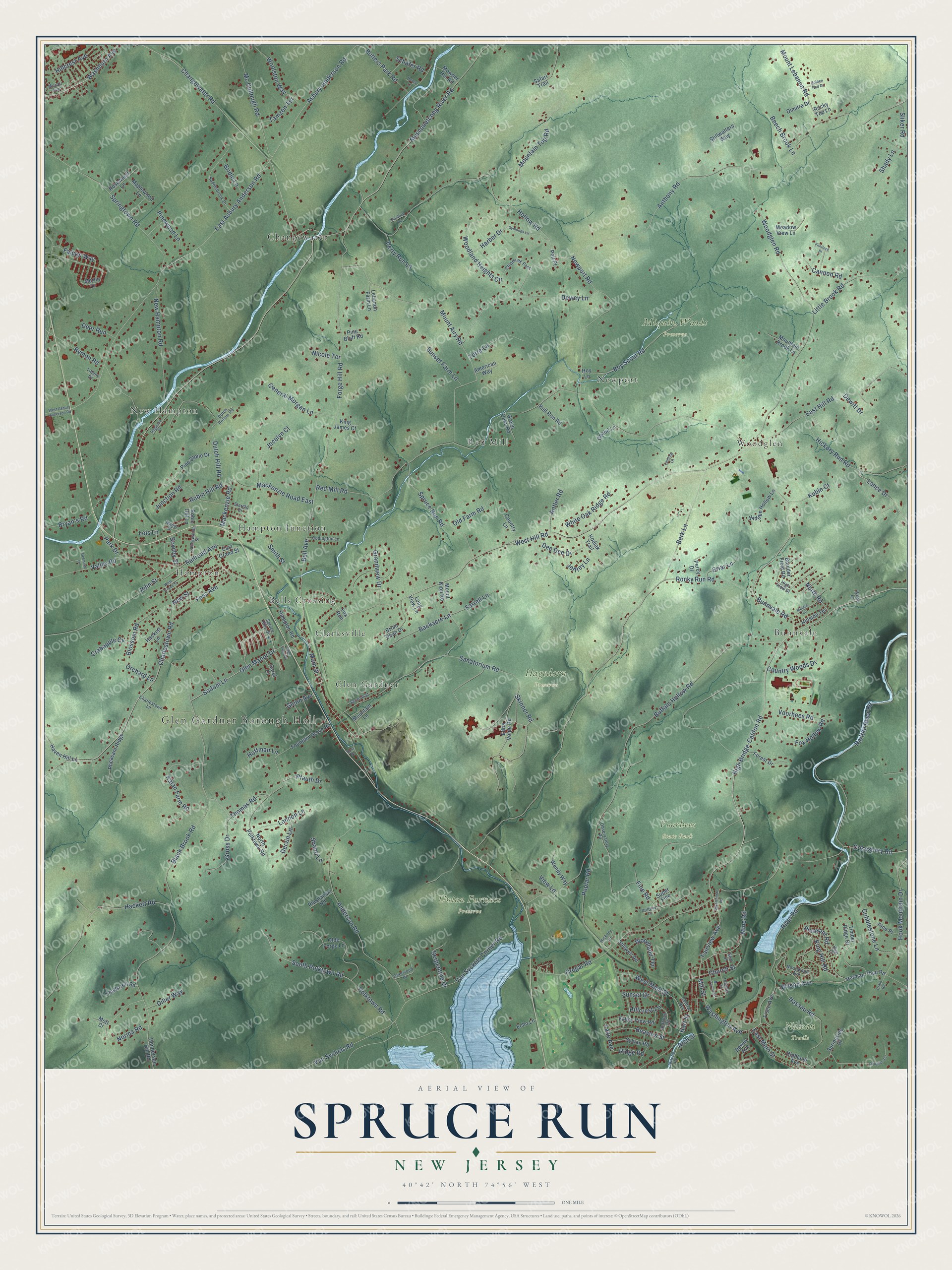 Full map of Spruce Run, New Jersey, with red buildings, printed street names and the land around them