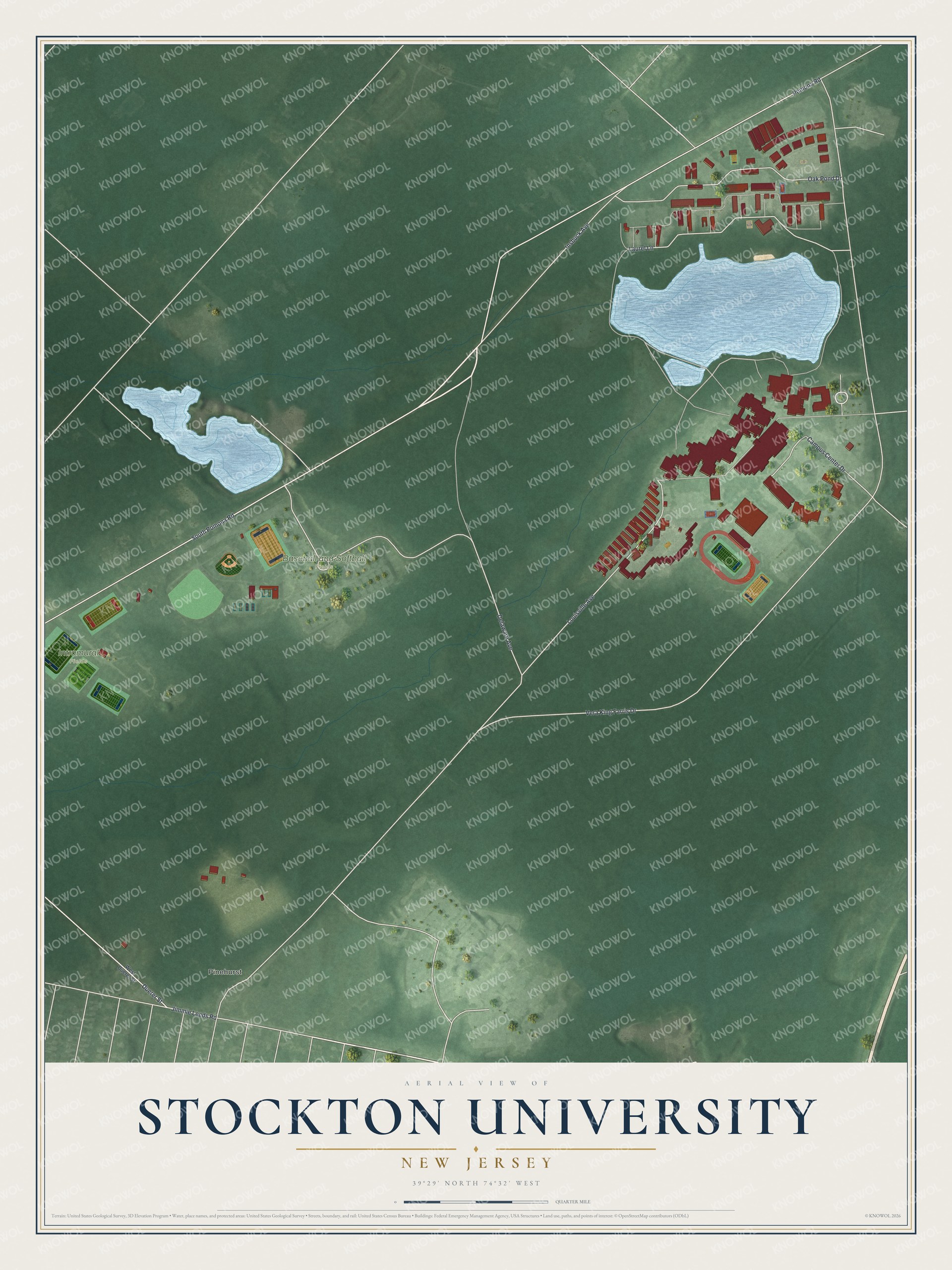Full map of Stockton University, New Jersey, with red buildings, printed street names and the land around them