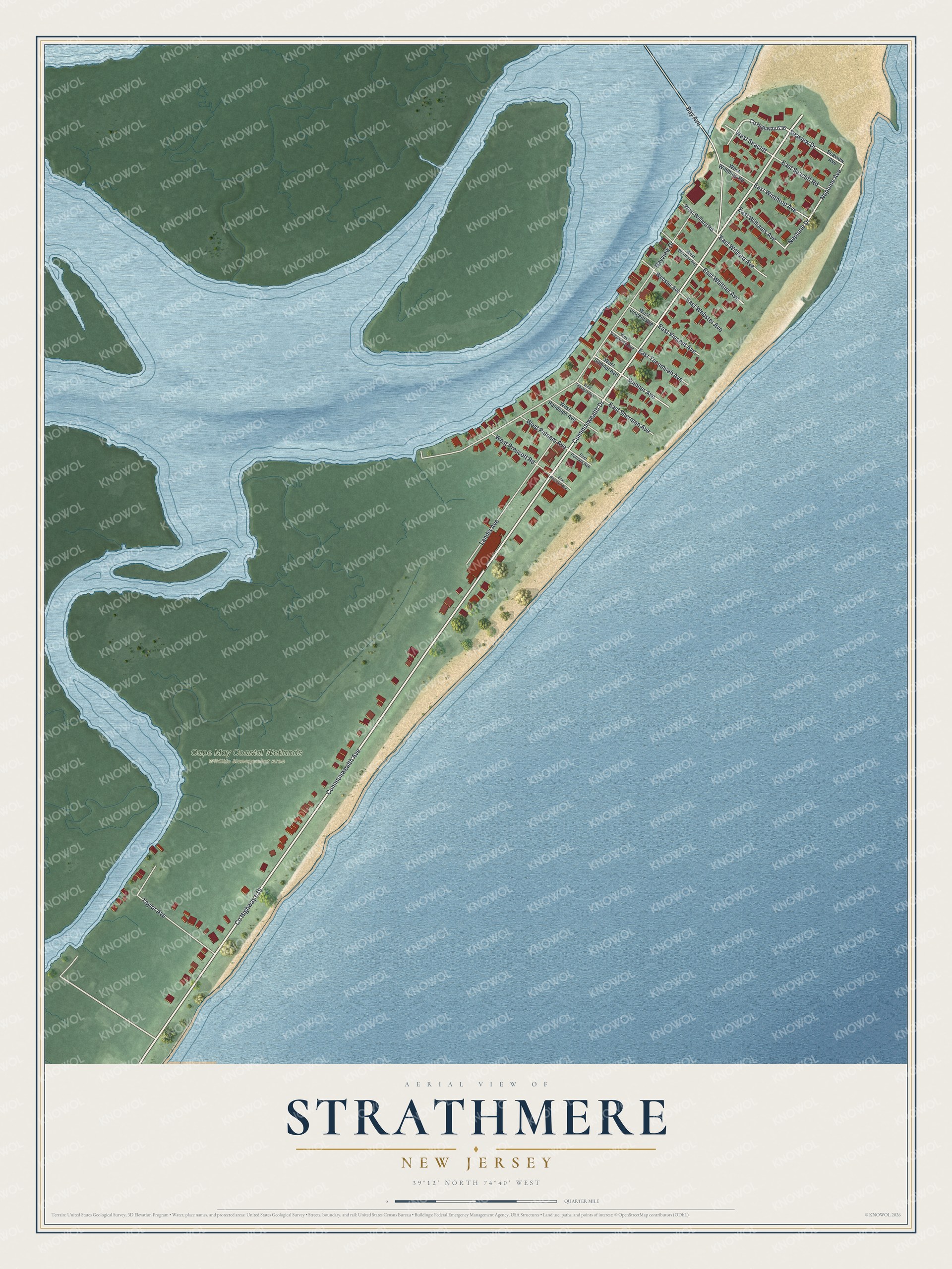 Full map of Strathmere, New Jersey, with red buildings, printed street names and the land around them