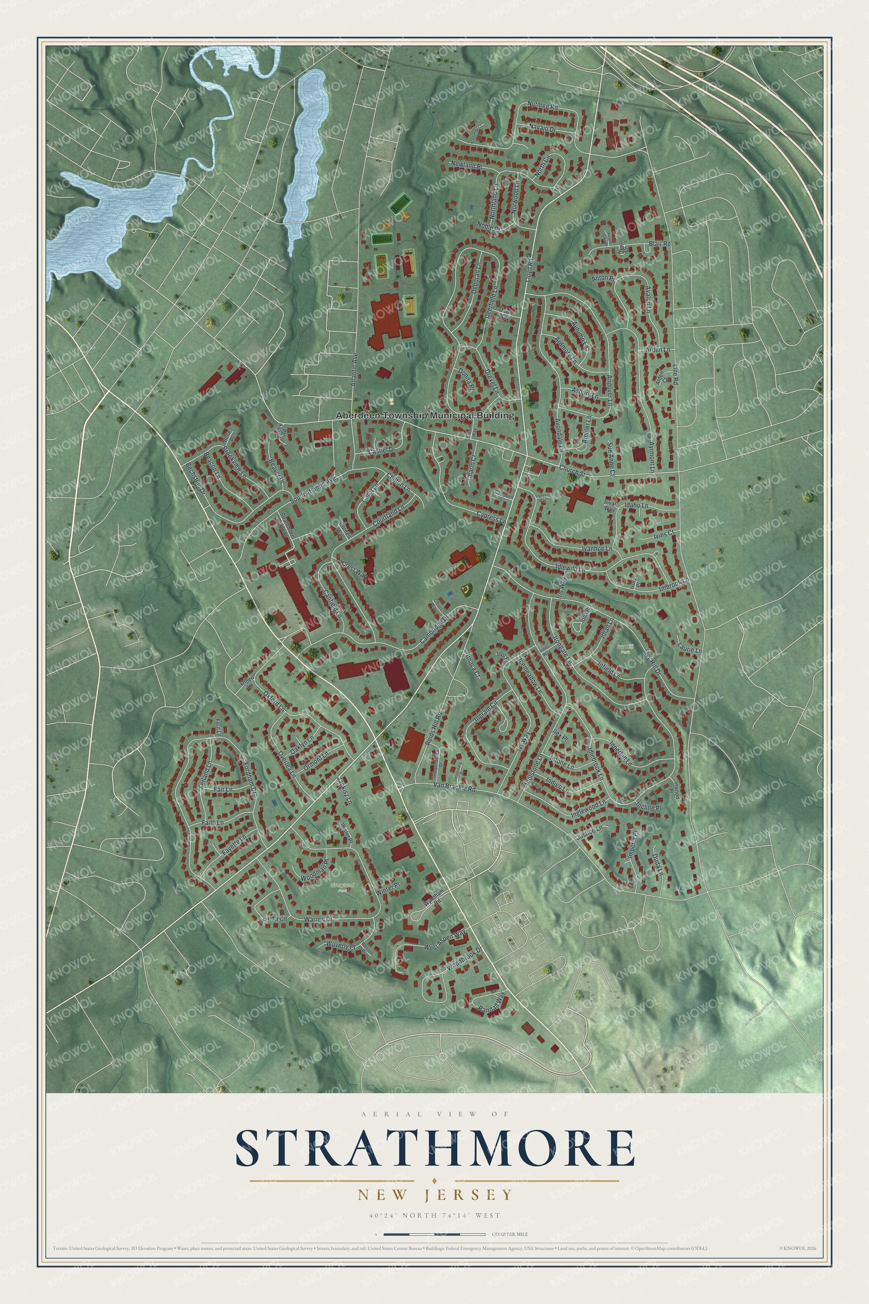 Full map of Strathmore, New Jersey, with red buildings, printed street names and the land around them