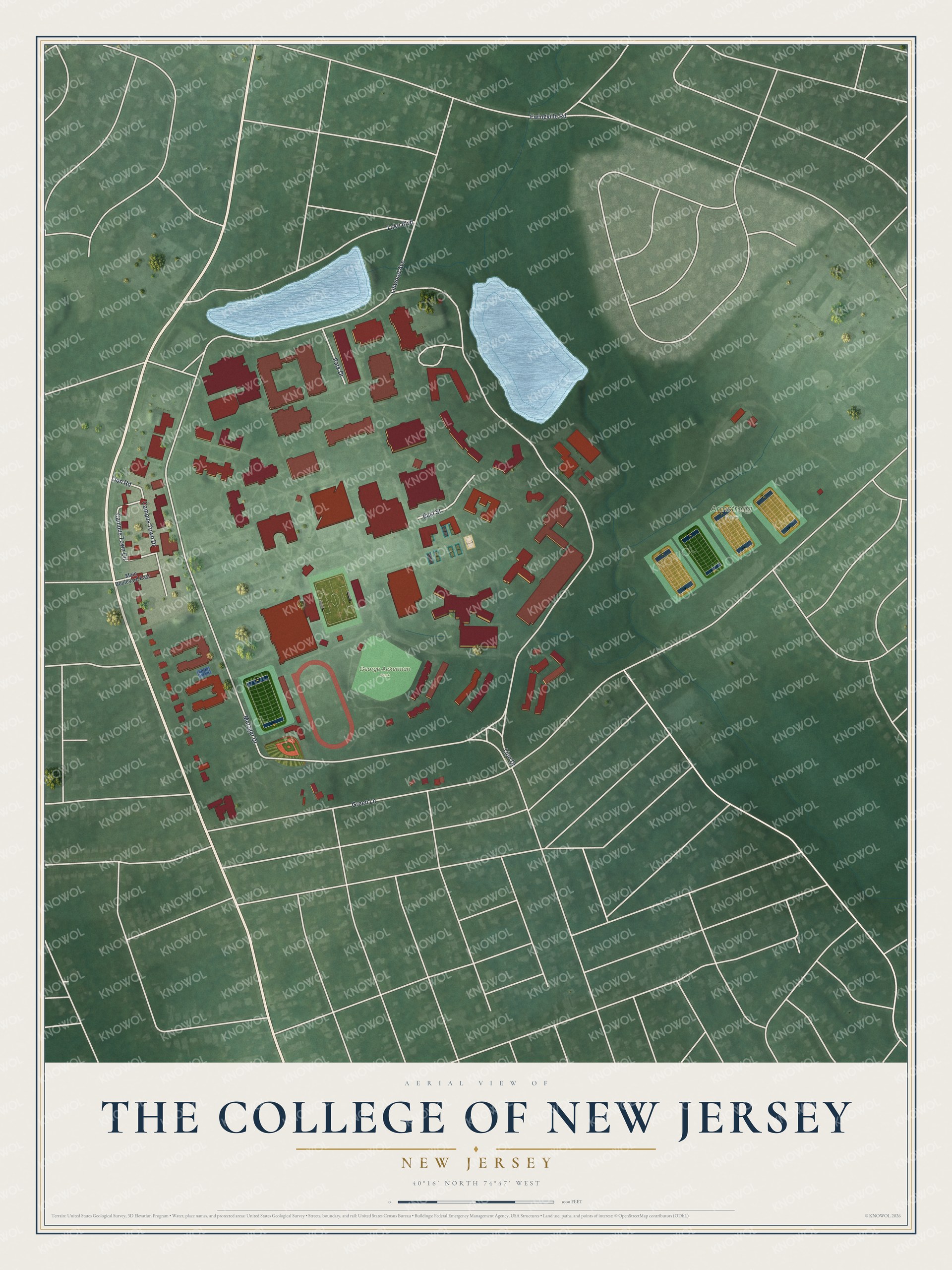 Full map of The College of New Jersey, New Jersey, with red buildings, printed street names and the land around them