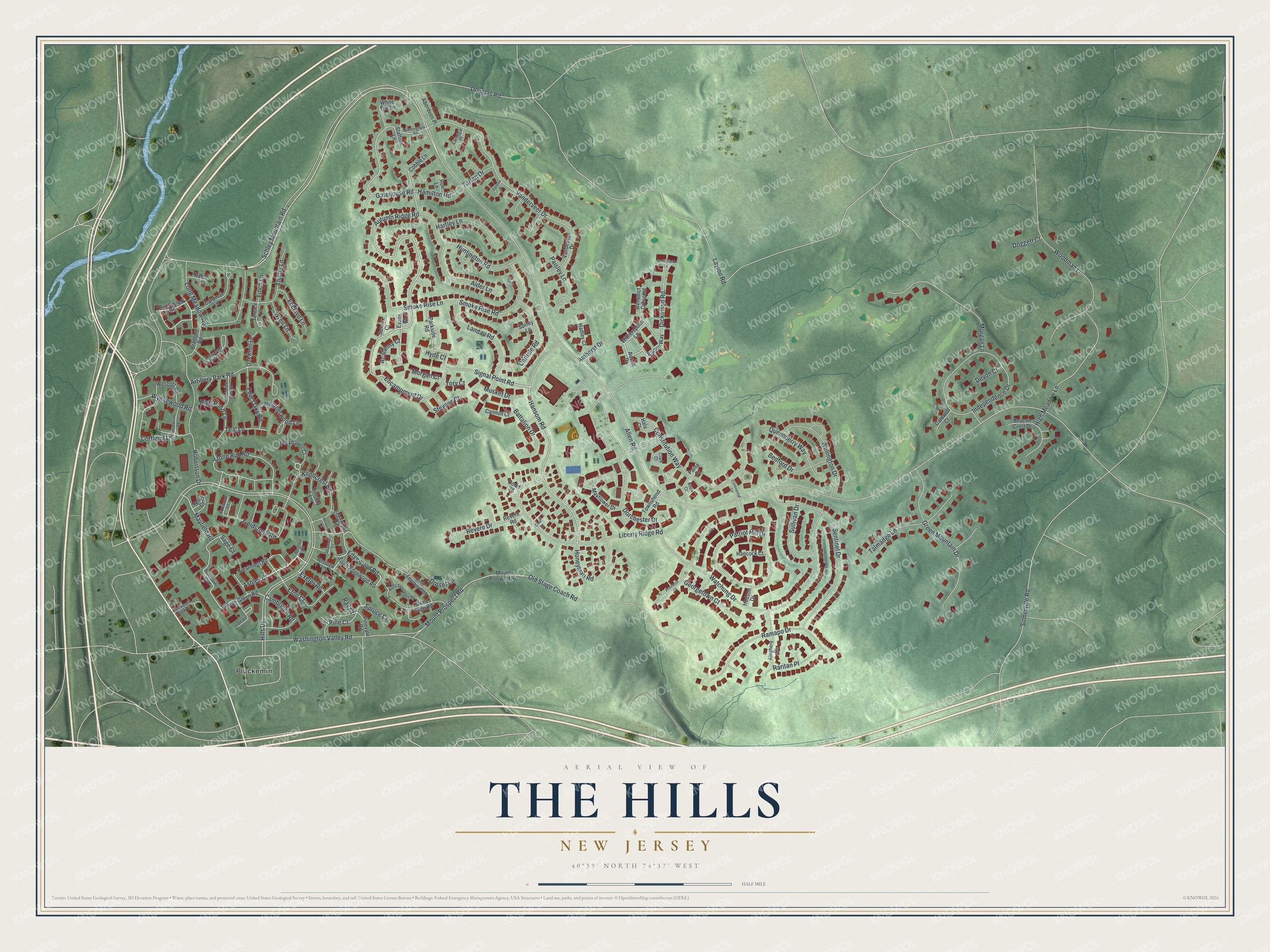 Full map of The Hills, New Jersey, with red buildings, printed street names and the land around them