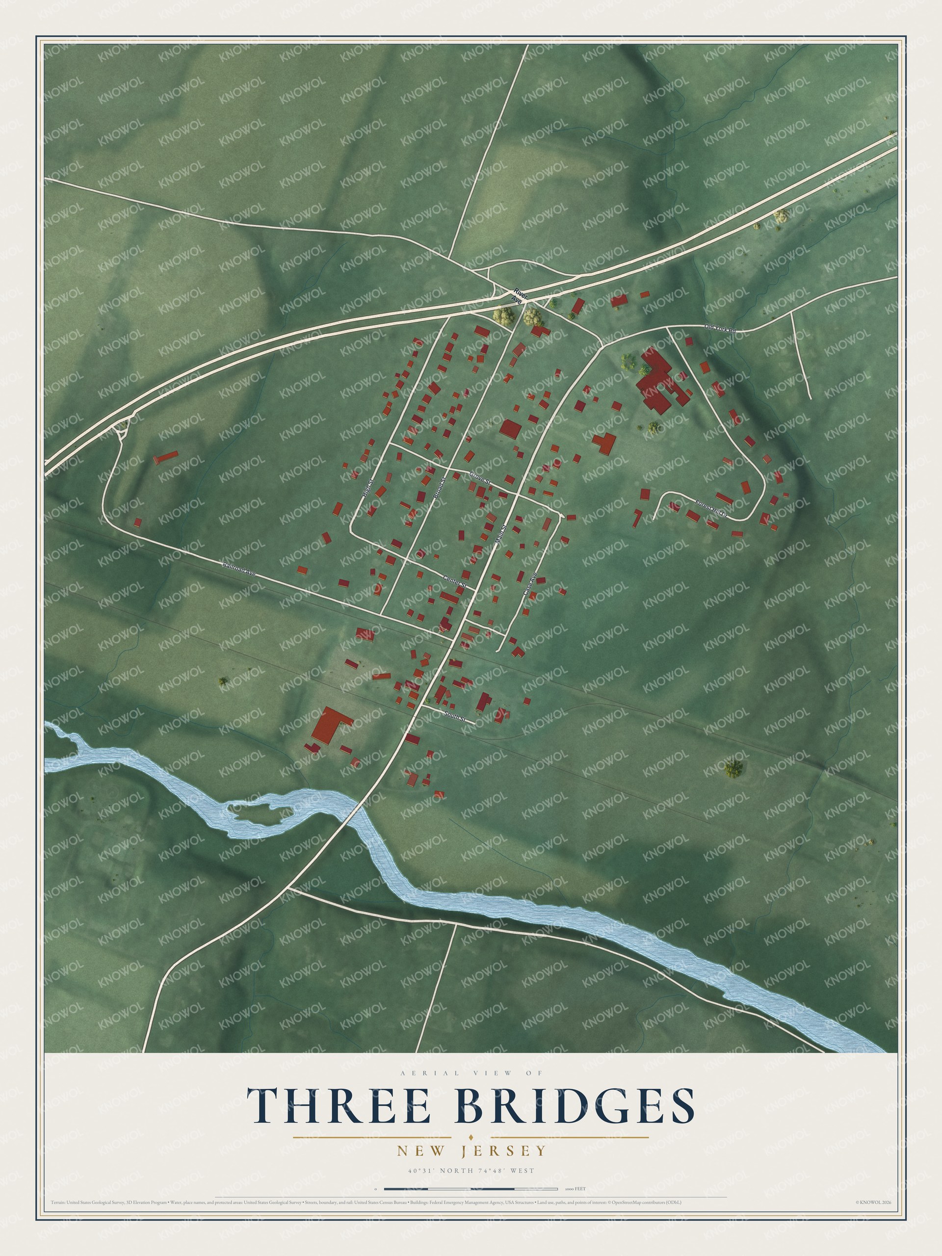 Full map of Three Bridges, New Jersey, with red buildings, printed street names and the land around them