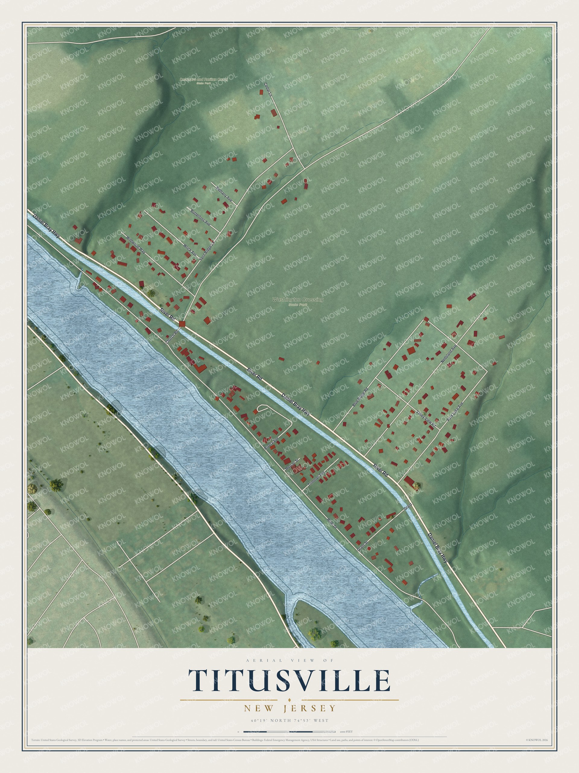 Full map of Titusville, New Jersey, with red buildings, printed street names and the land around them