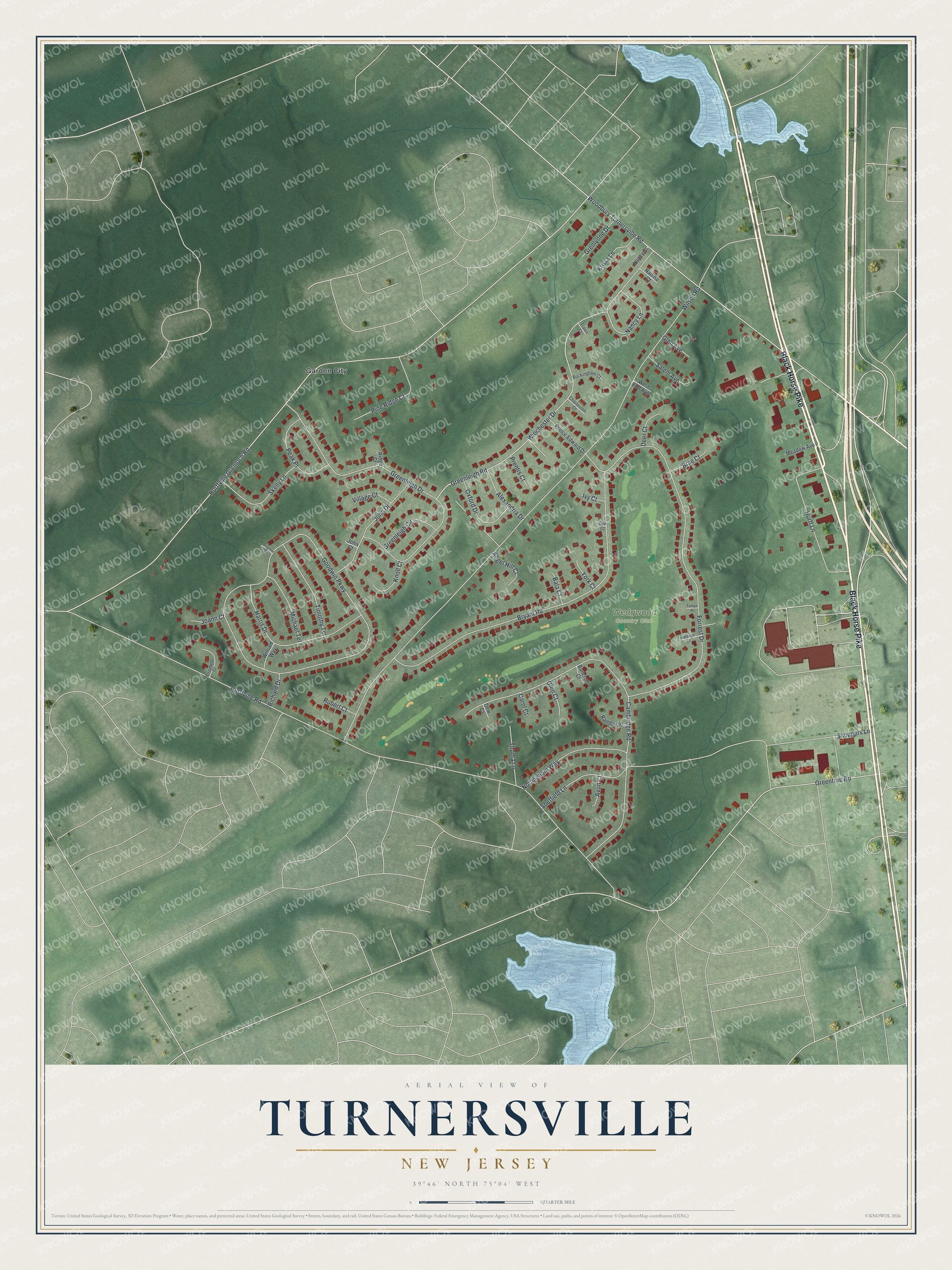 Full map of Turnersville, New Jersey, with red buildings, printed street names and the land around them