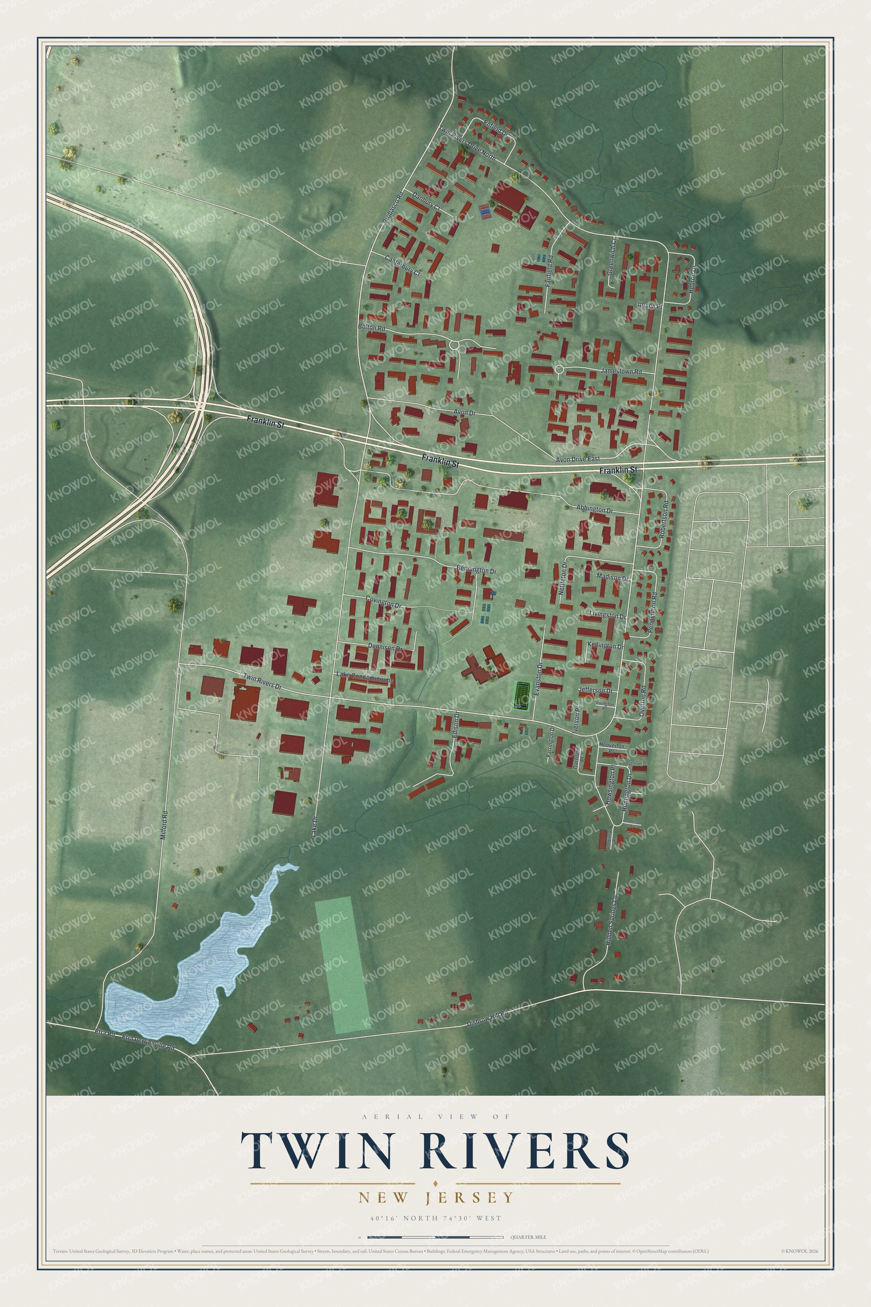 Full map of Twin Rivers, New Jersey, with red buildings, printed street names and the land around them