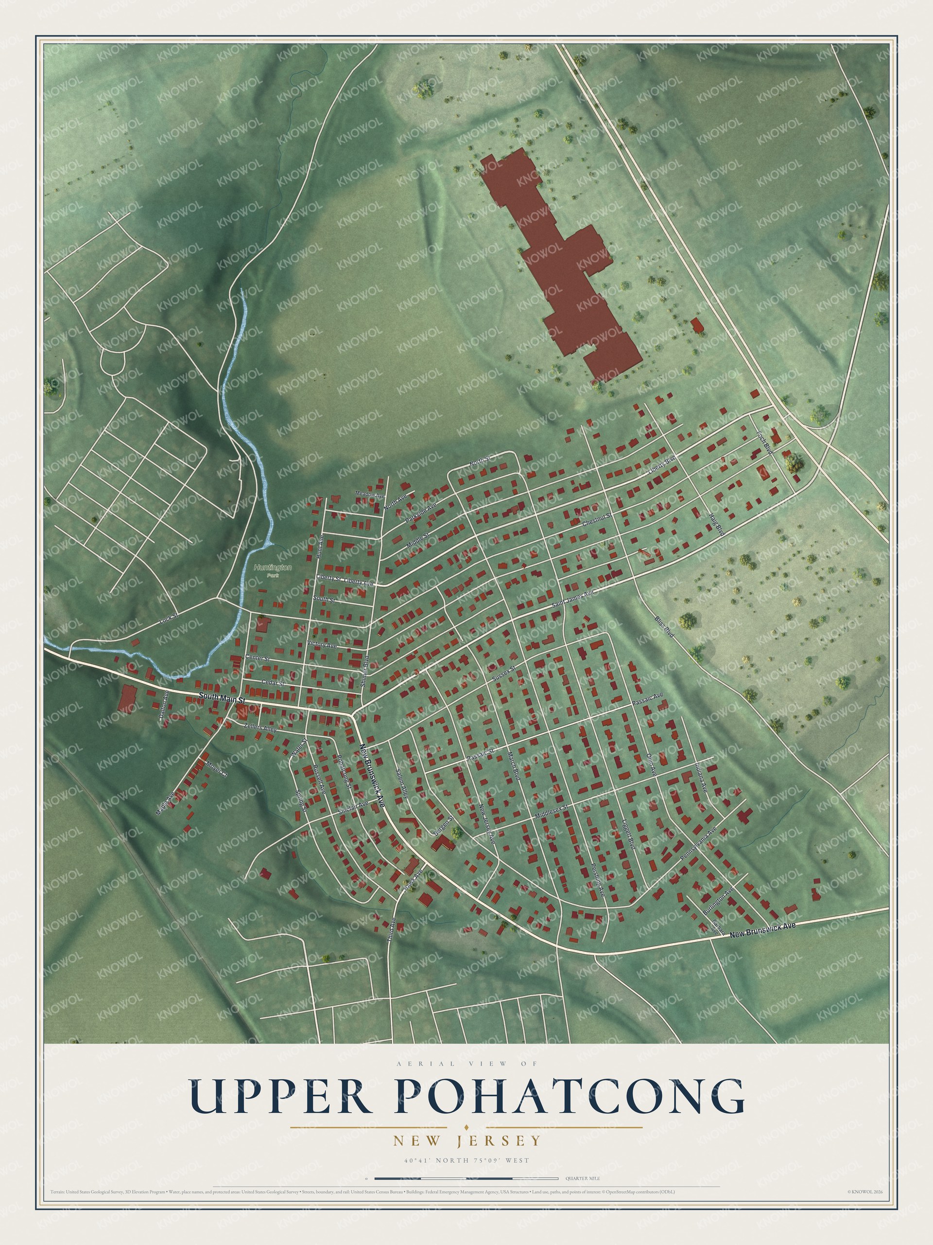 Full map of Upper Pohatcong, New Jersey, with red buildings, printed street names and the land around them
