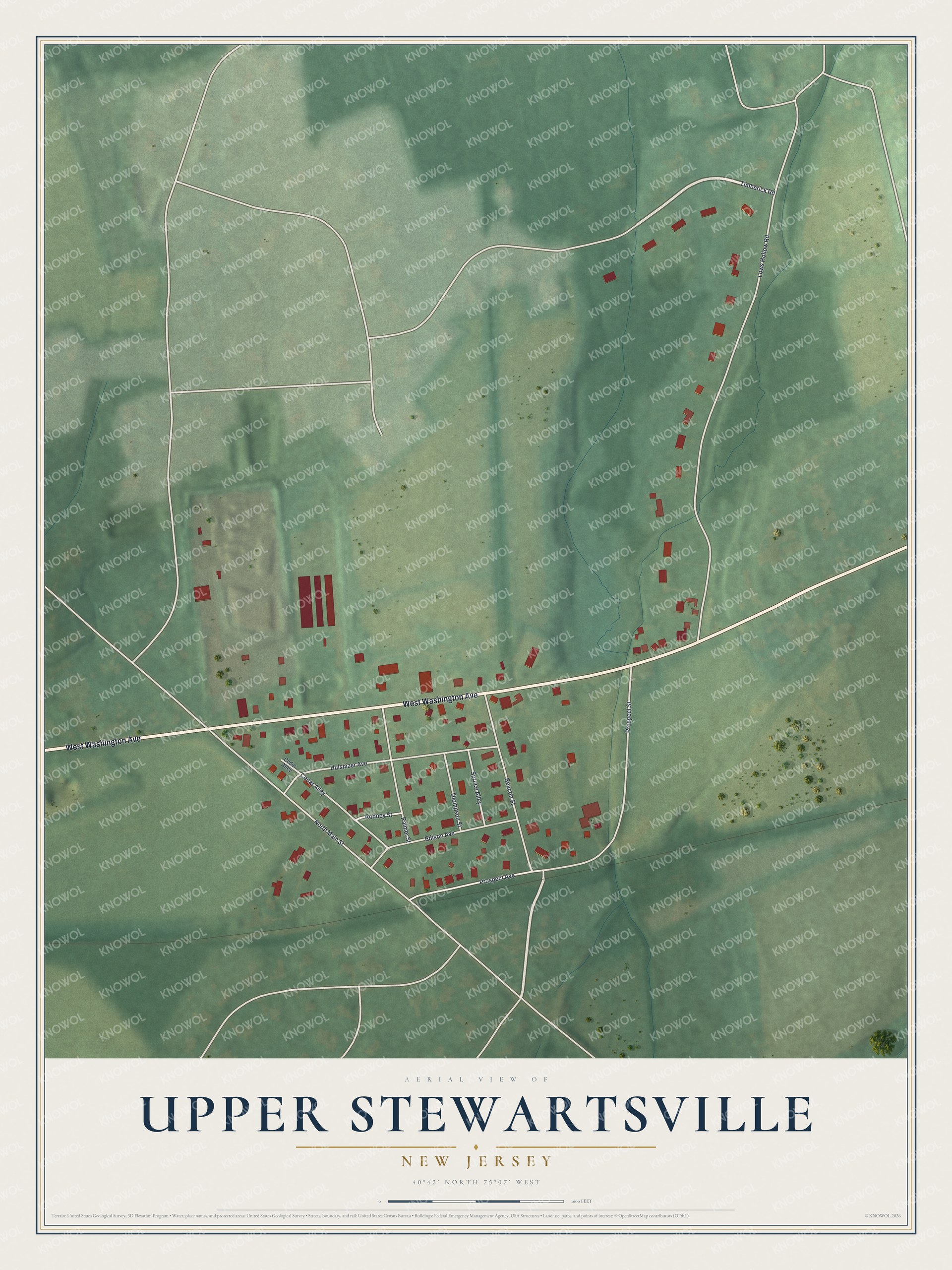 Full map of Upper Stewartsville, New Jersey, with red buildings, printed street names and the land around them