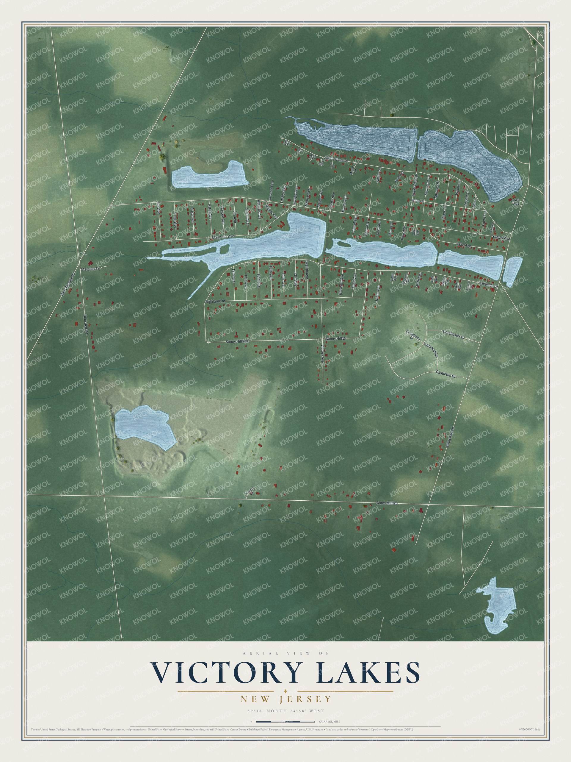 Full map of Victory Lakes, New Jersey, with red buildings, printed street names and the land around them