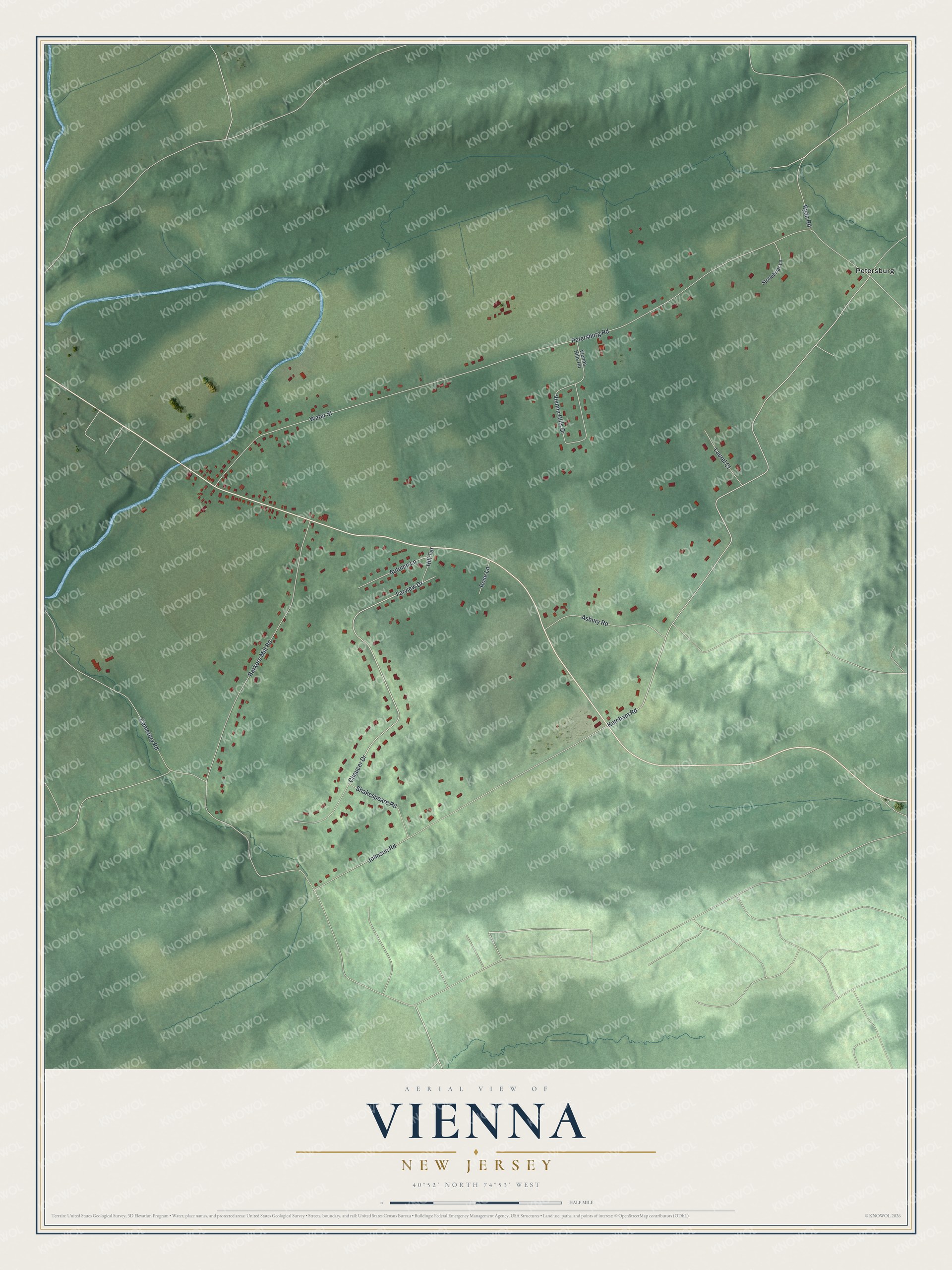 Full map of Vienna, New Jersey, with red buildings, printed street names and the land around them