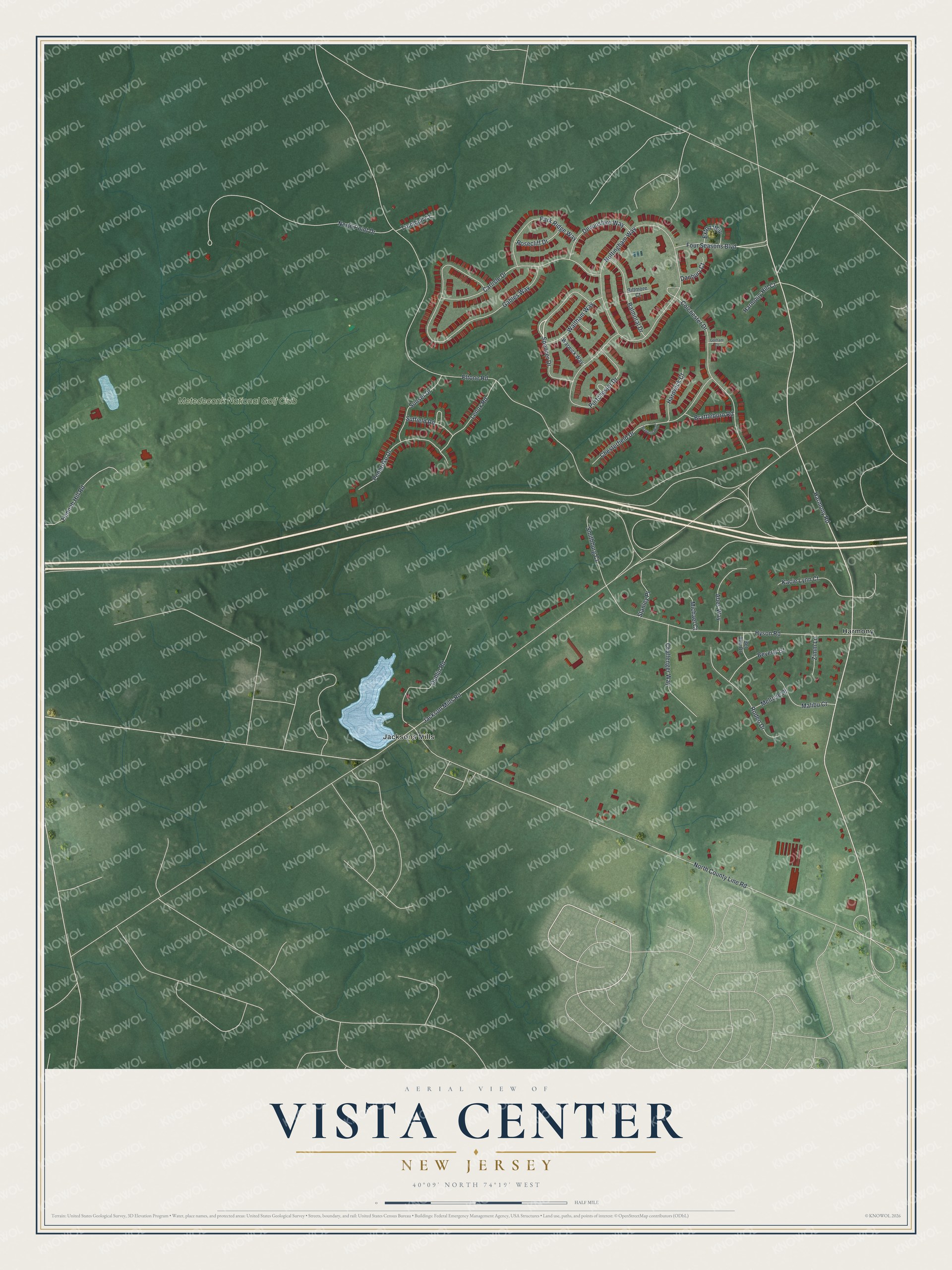 Full map of Vista Center, New Jersey, with red buildings, printed street names and the land around them