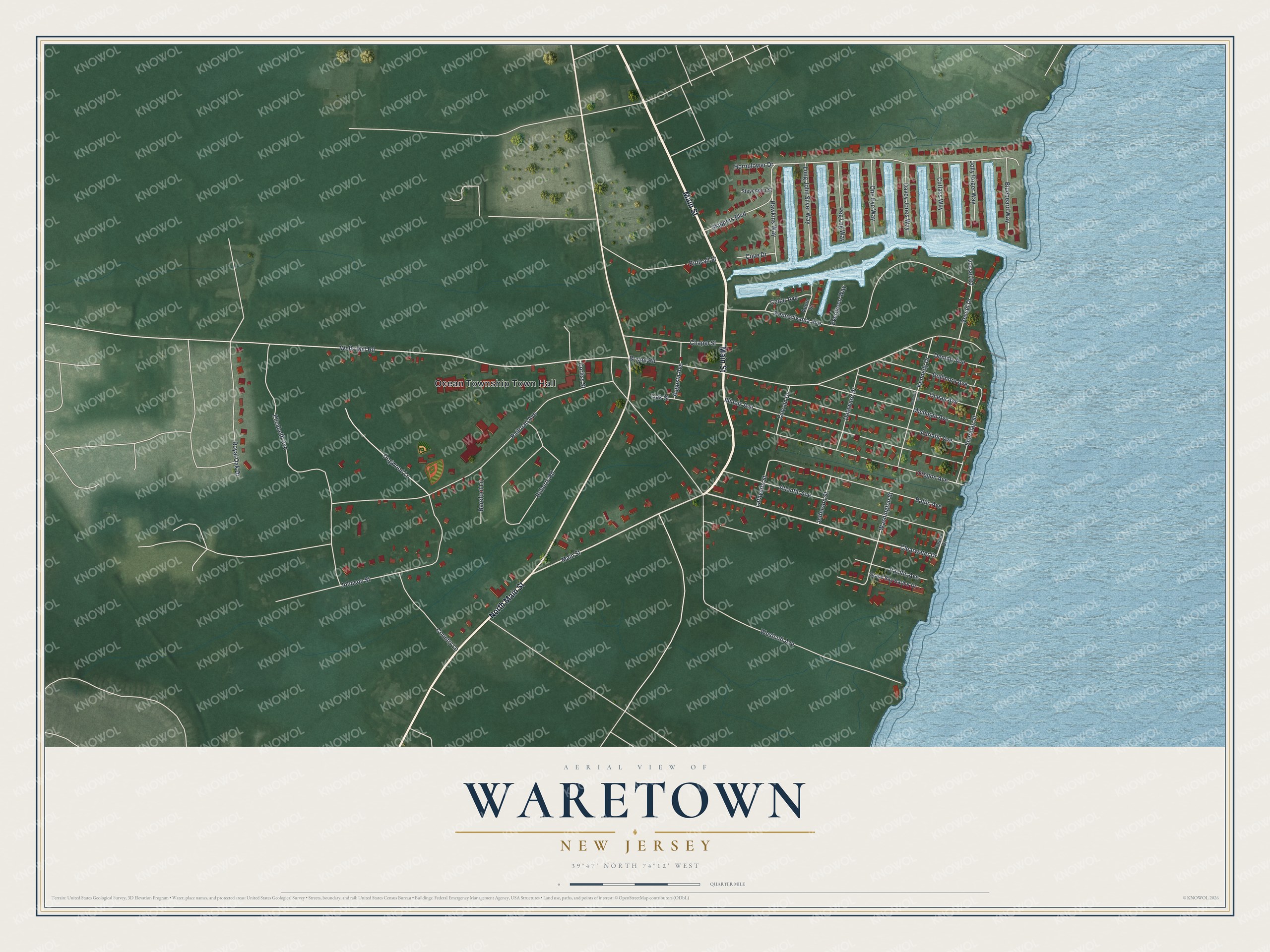 Full map of Waretown, New Jersey, with red buildings, printed street names and the land around them