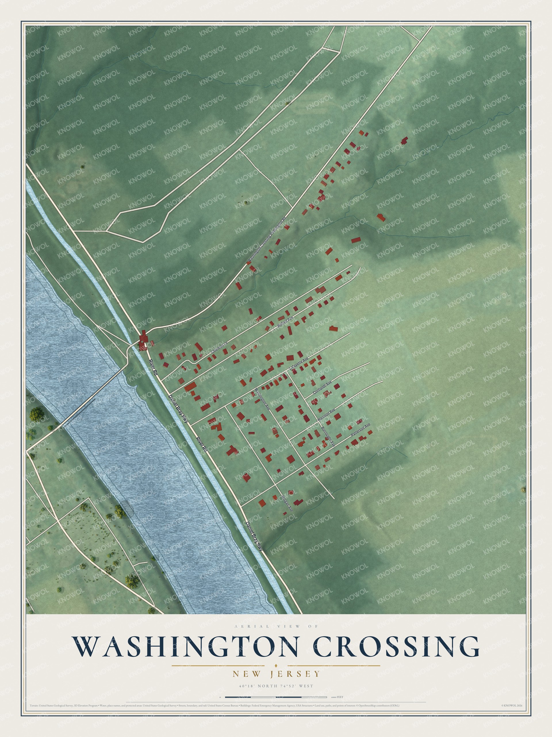 Full map of Washington Crossing, New Jersey, with red buildings, printed street names and the land around them