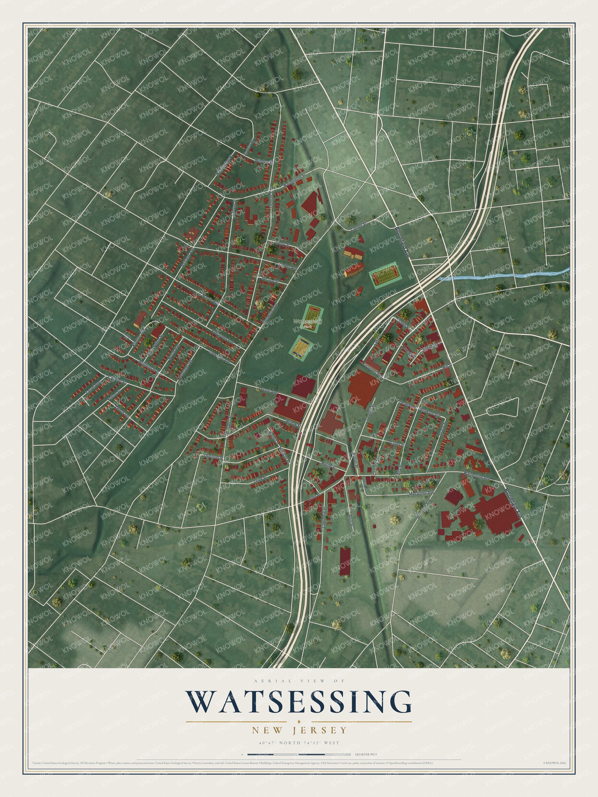 Full map of Watsessing, New Jersey, with red buildings, printed street names and the land around them