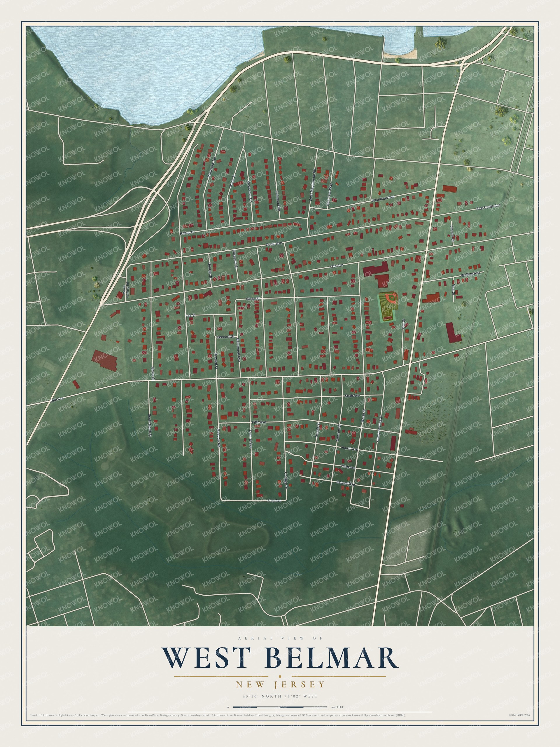 Full map of West Belmar, New Jersey, with red buildings, printed street names and the land around them