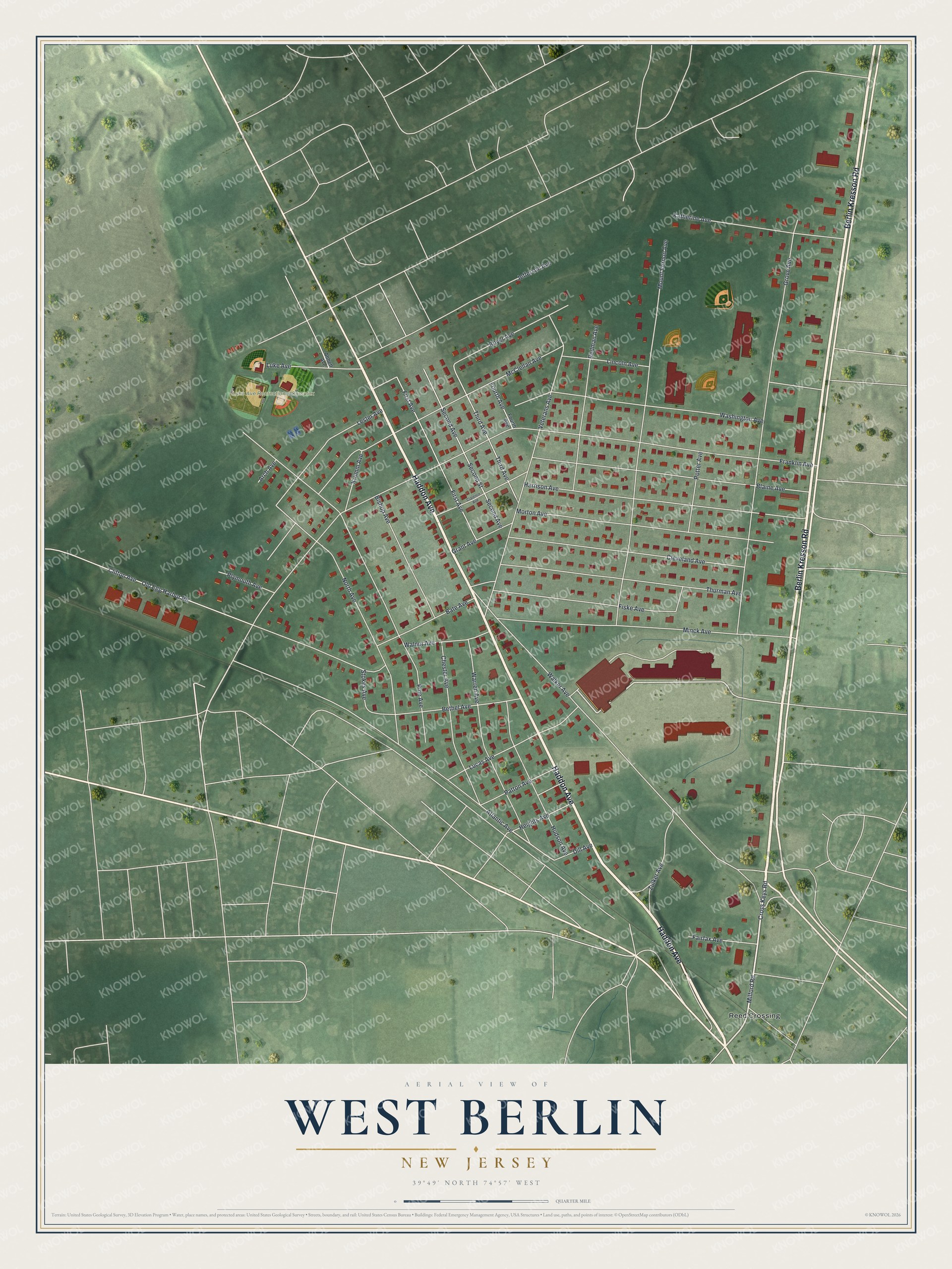Full map of West Berlin, New Jersey, with red buildings, printed street names and the land around them