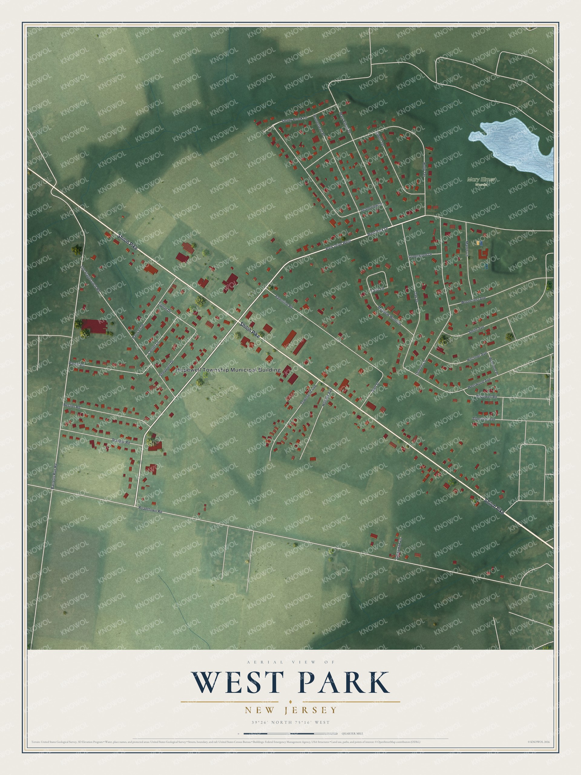 Full map of West Park, New Jersey, with red buildings, printed street names and the land around them