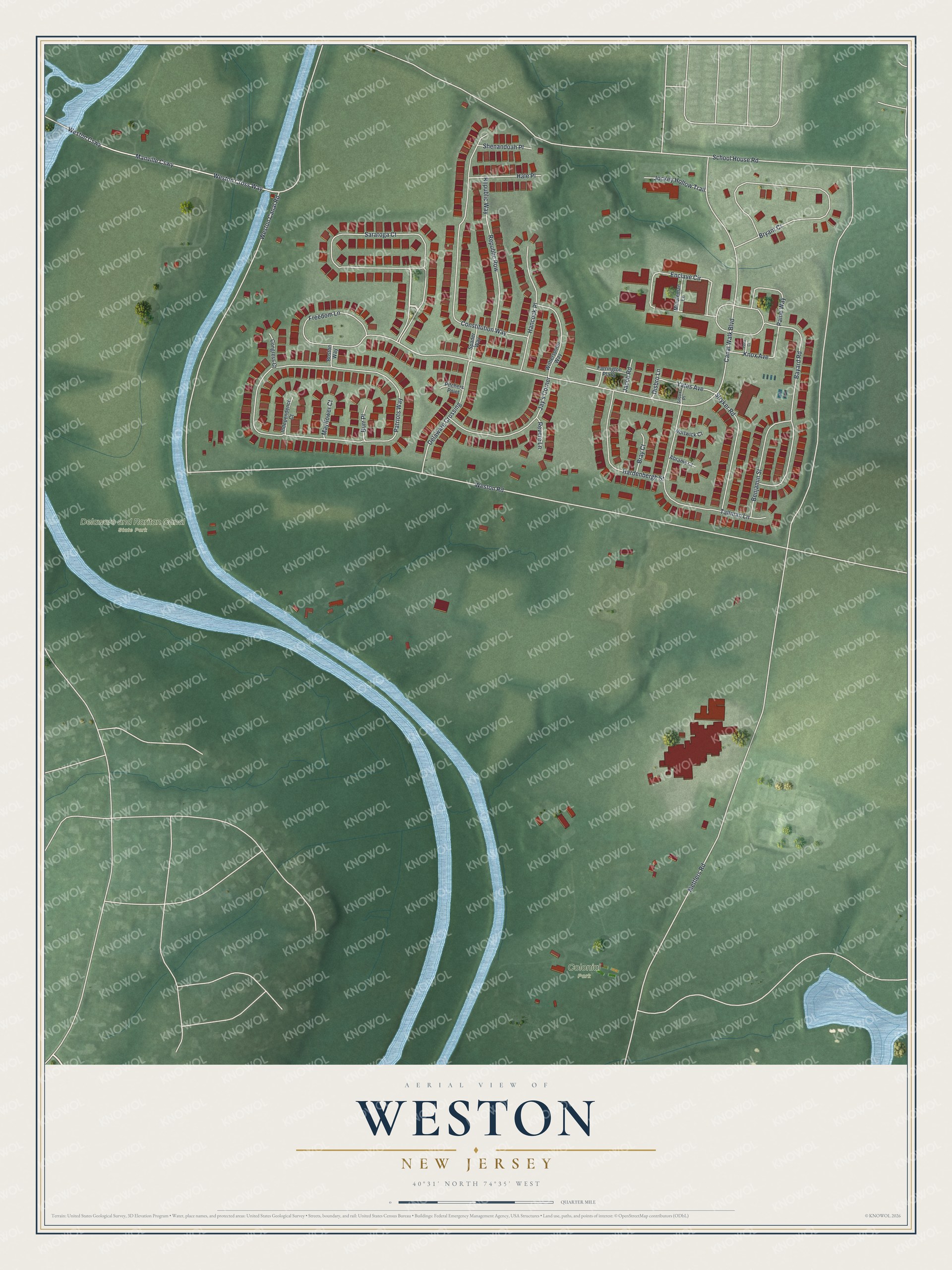Full map of Weston, New Jersey, with red buildings, printed street names and the land around them