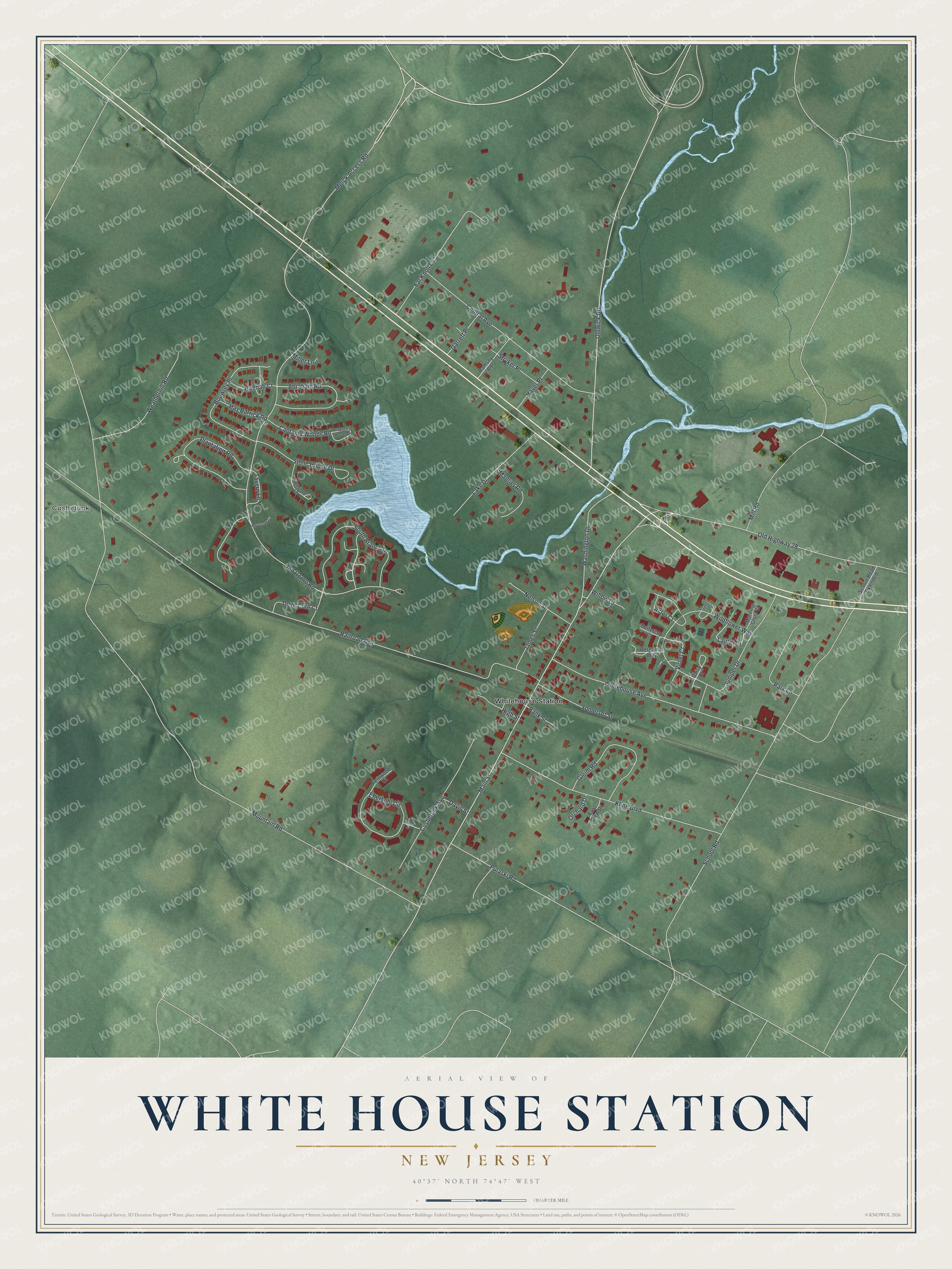 Full map of White House Station, New Jersey, with red buildings, printed street names and the land around them