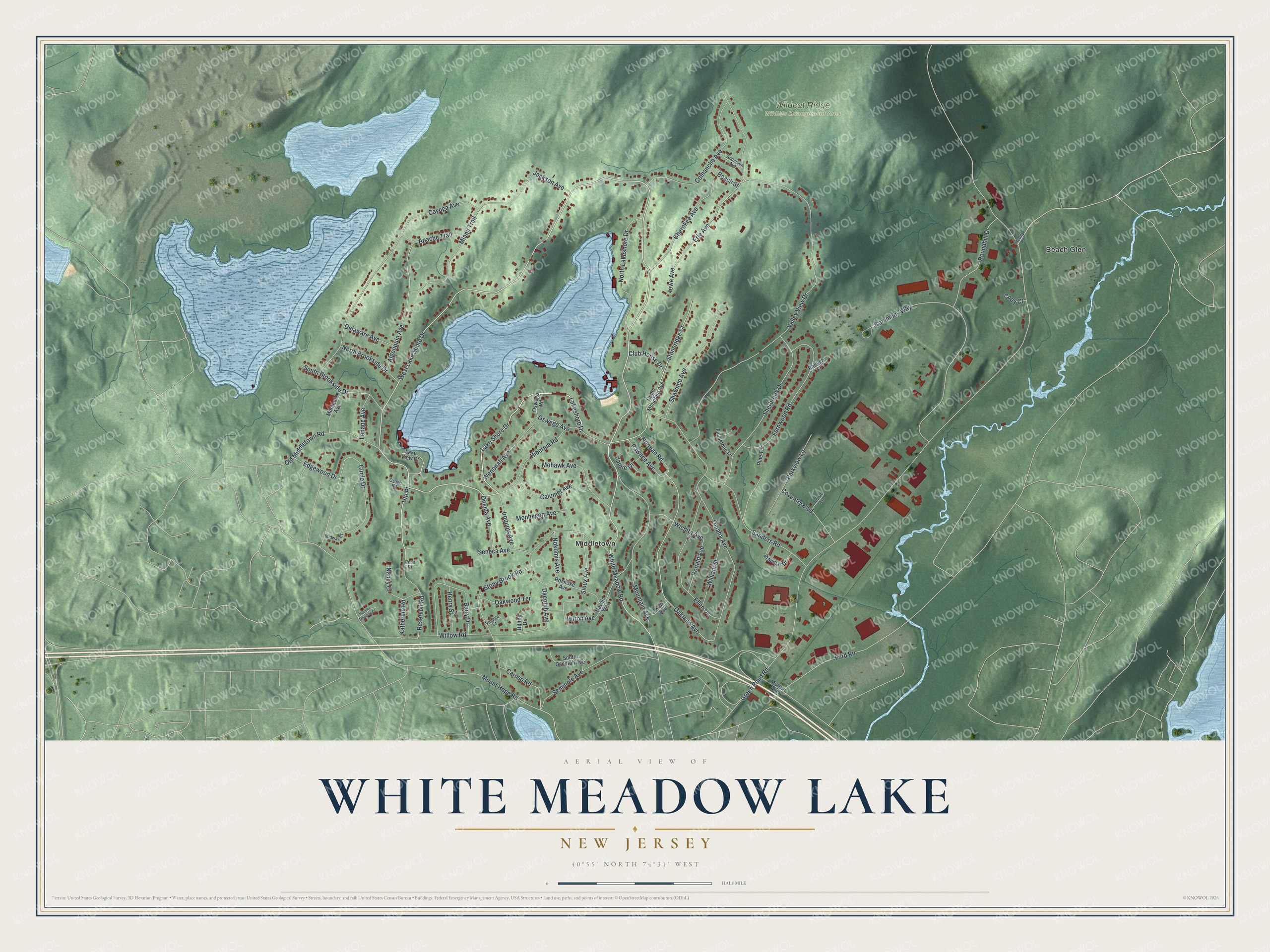 Full map of White Meadow Lake, New Jersey, with red buildings, printed street names and the land around them