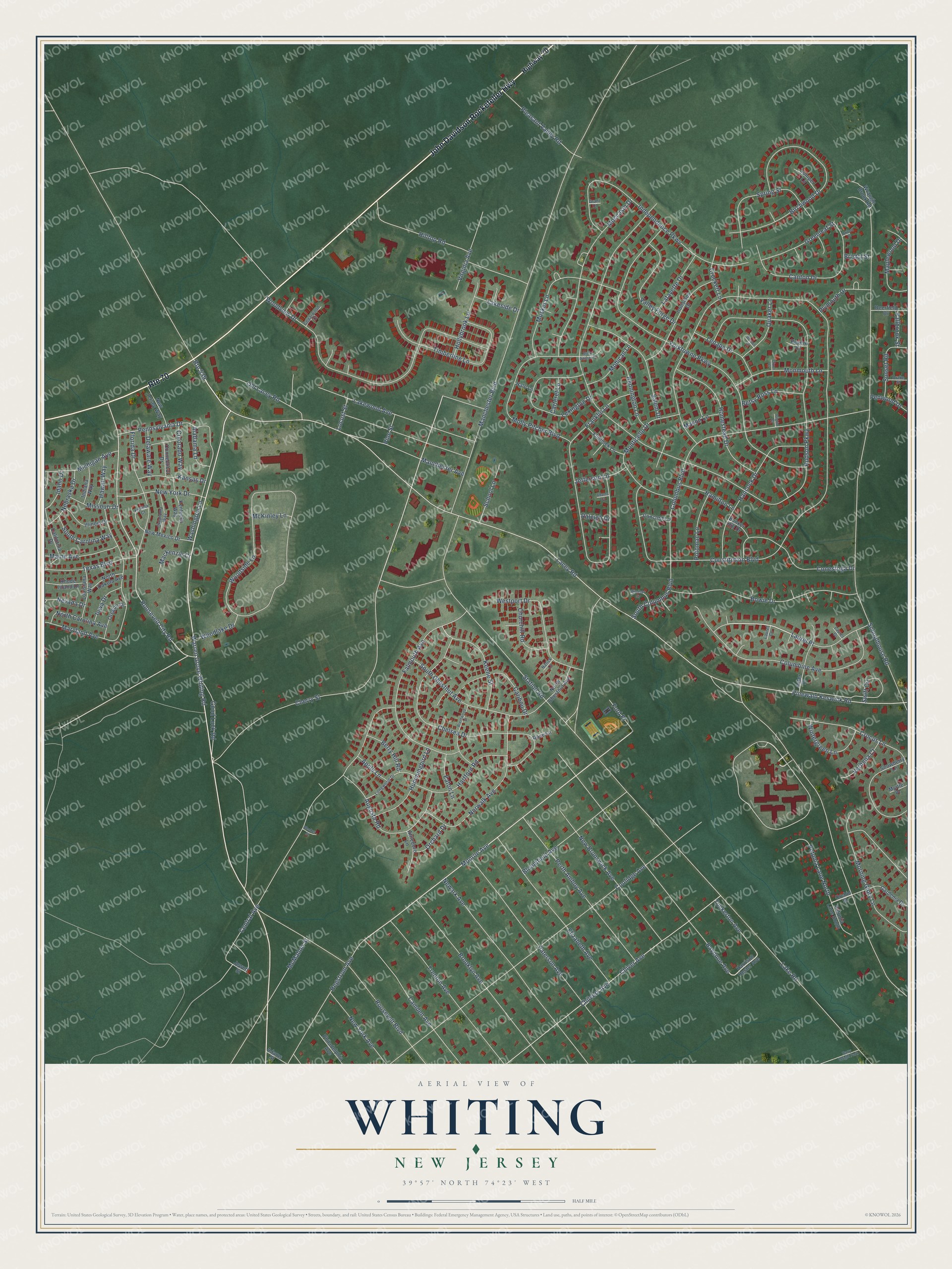 Full map of Whiting, New Jersey, with red buildings, printed street names and the land around them