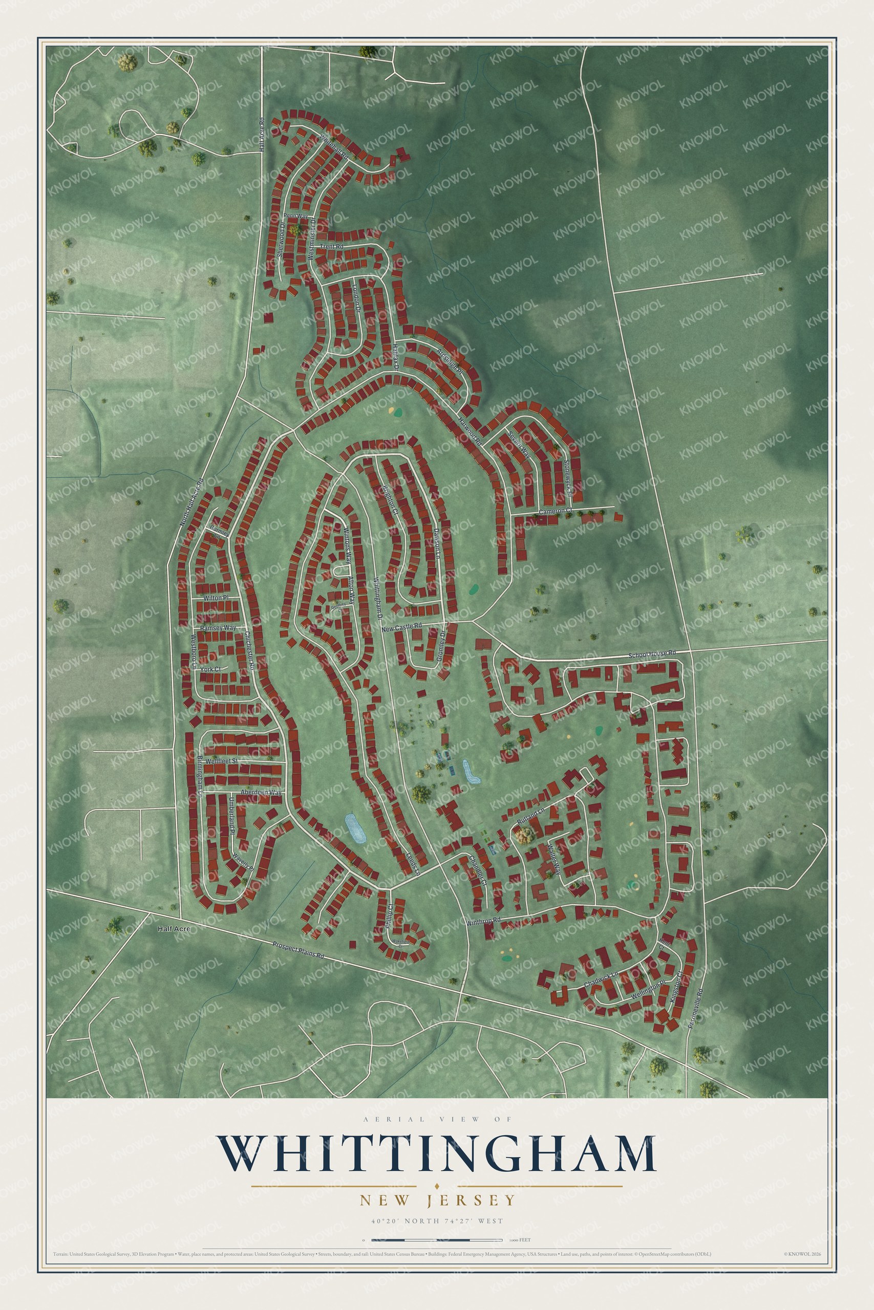 Full map of Whittingham, New Jersey, with red buildings, printed street names and the land around them