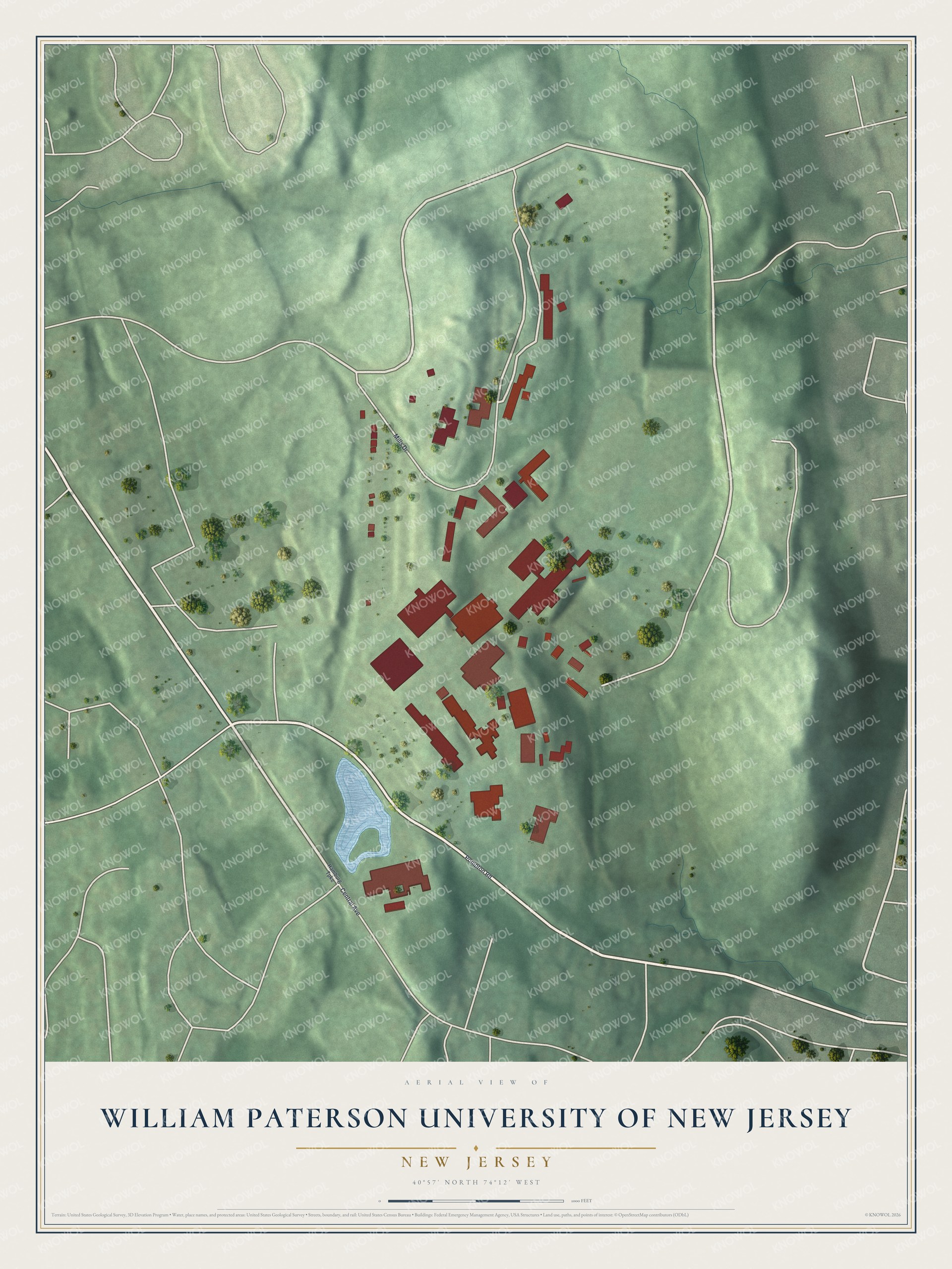 Full map of William Paterson University of New Jersey, New Jersey, with red buildings, printed street names and the land around them