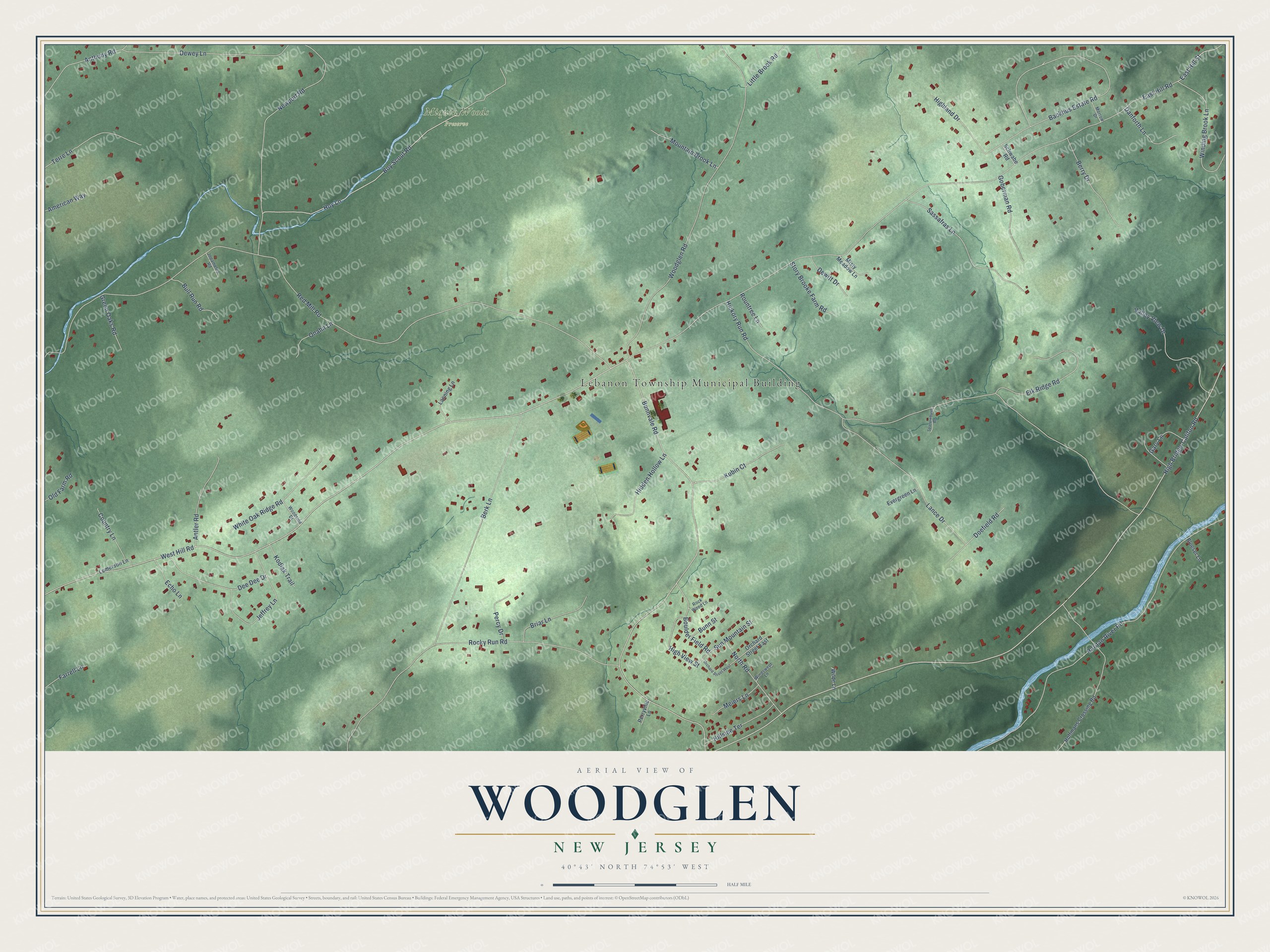 Full map of Woodglen, New Jersey, with red buildings, printed street names and the land around them